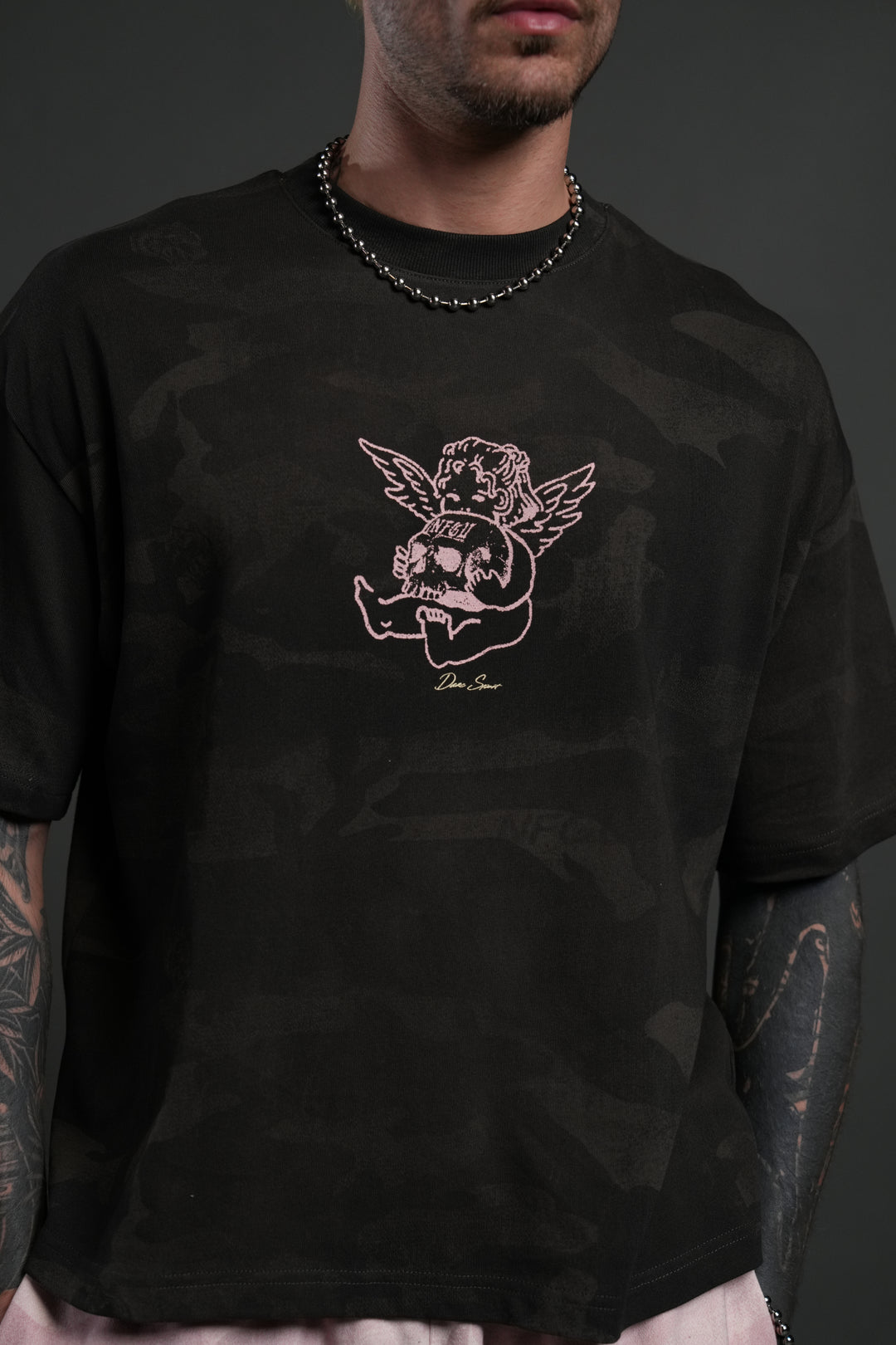Cherub and the Skull Unisex Premium "Box Cut" Tee in Black Vintage Woodland Camo