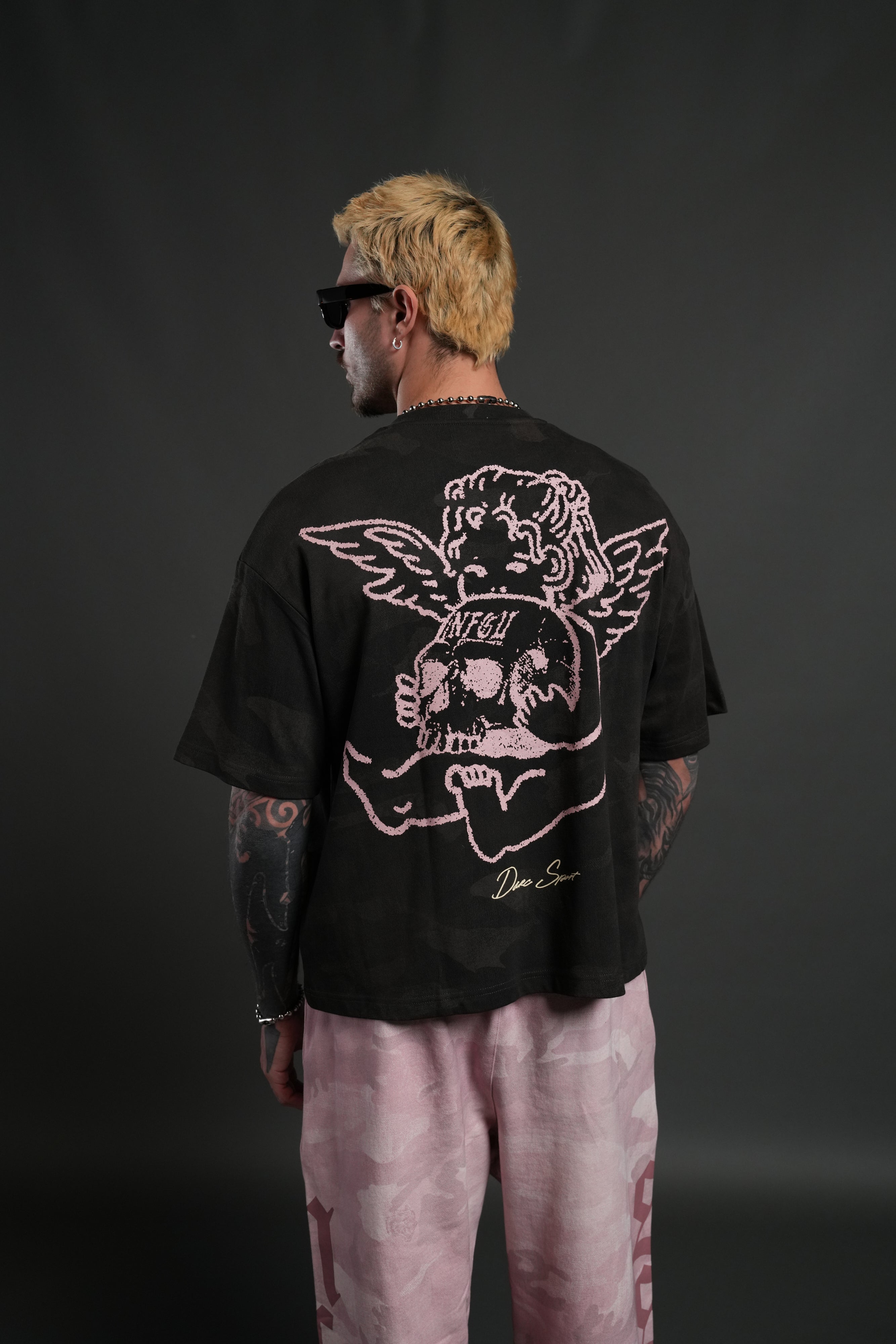 Cherub and the Skull Unisex Premium "Box Cut" Tee in Black Vintage Woodland Camo