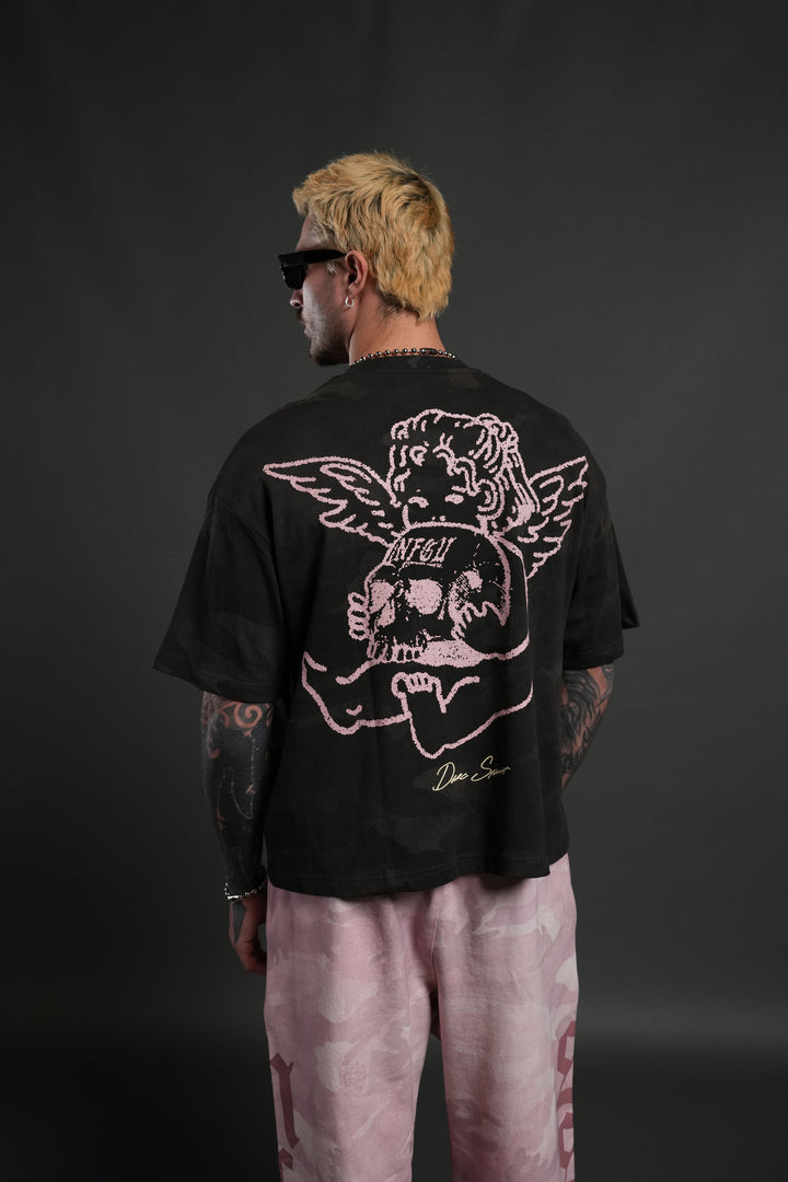 Cherub and the Skull Unisex Premium "Box Cut" Tee in Black Vintage Woodland Camo