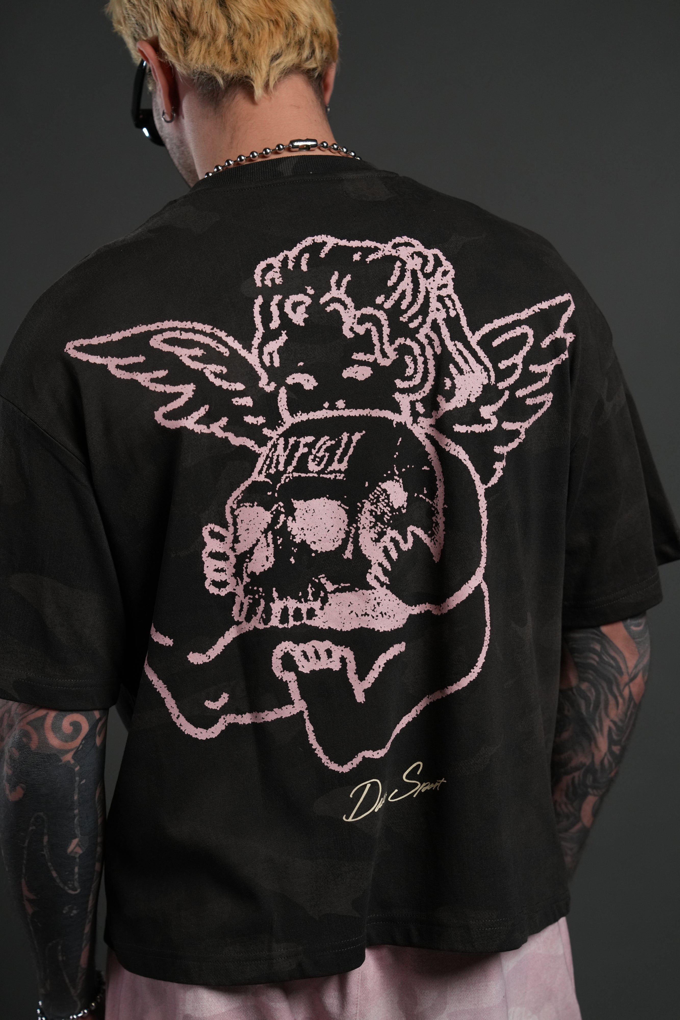 Cherub and the Skull Unisex Premium "Box Cut" Tee in Black Vintage Woodland Camo
