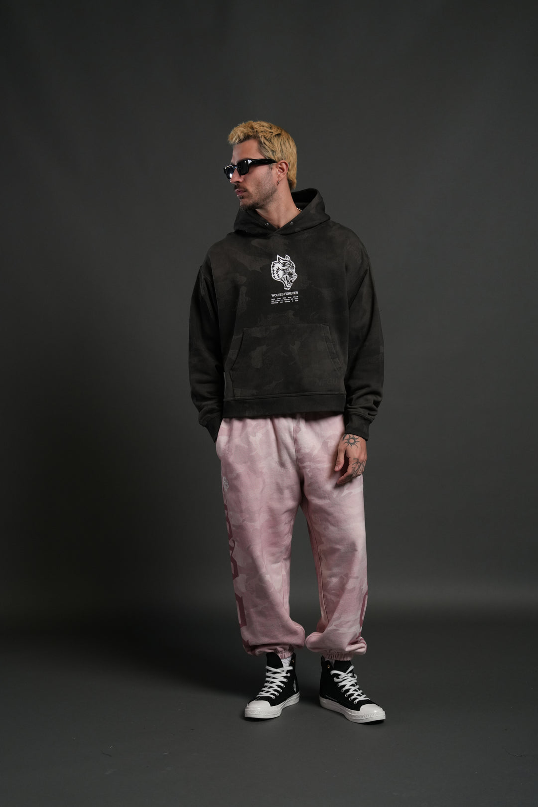 Wolves Have Your Back Unisex "Box Cut" Pierce Hoodie in Black Vintage Woodland Camo