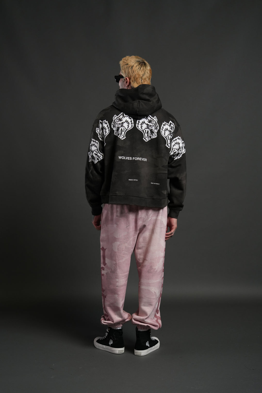 Wolves Have Your Back Unisex "Box Cut" Pierce Hoodie in Black Vintage Woodland Camo