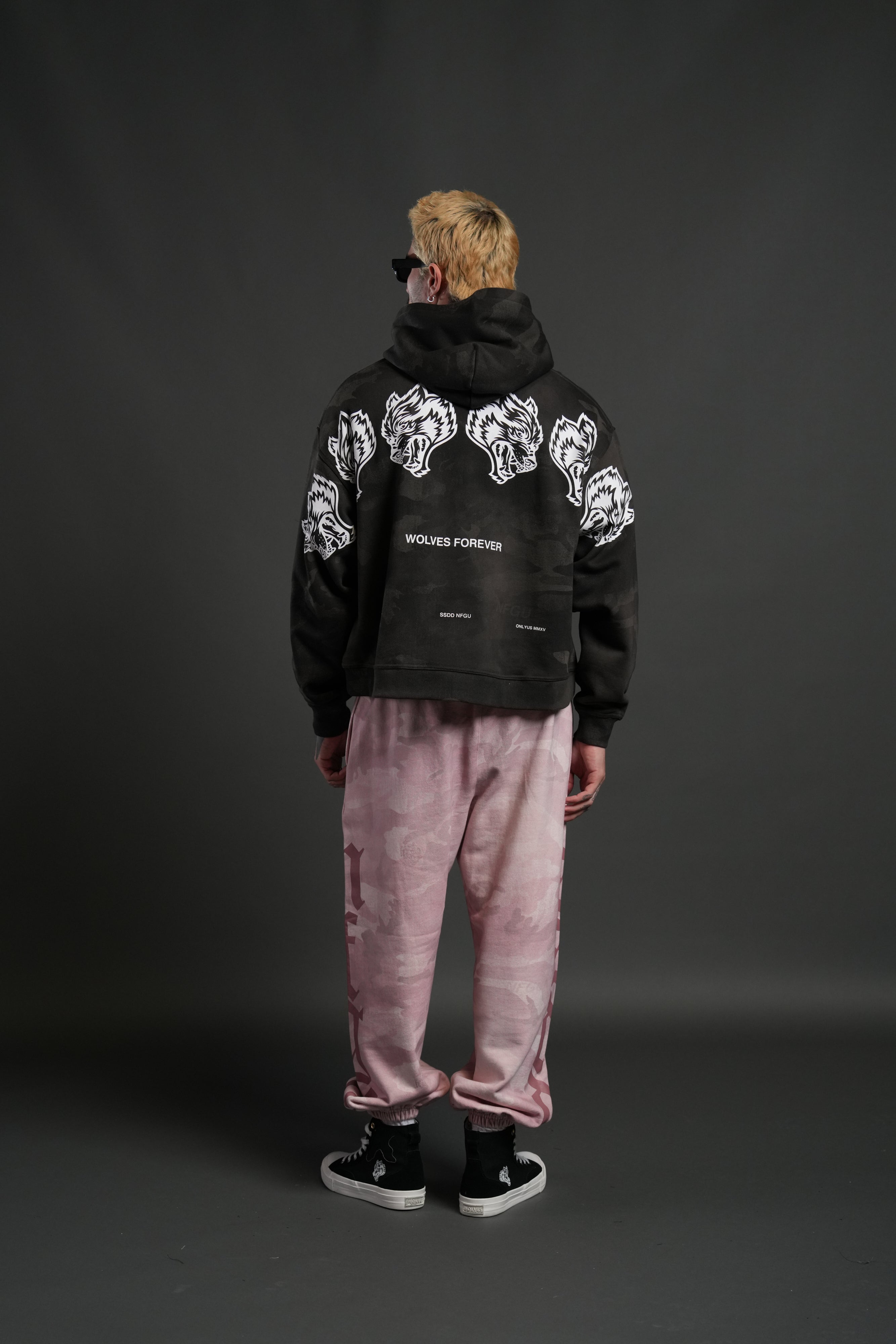 Wolves Have Your Back Unisex "Box Cut" Pierce Hoodie in Black Vintage Woodland Camo