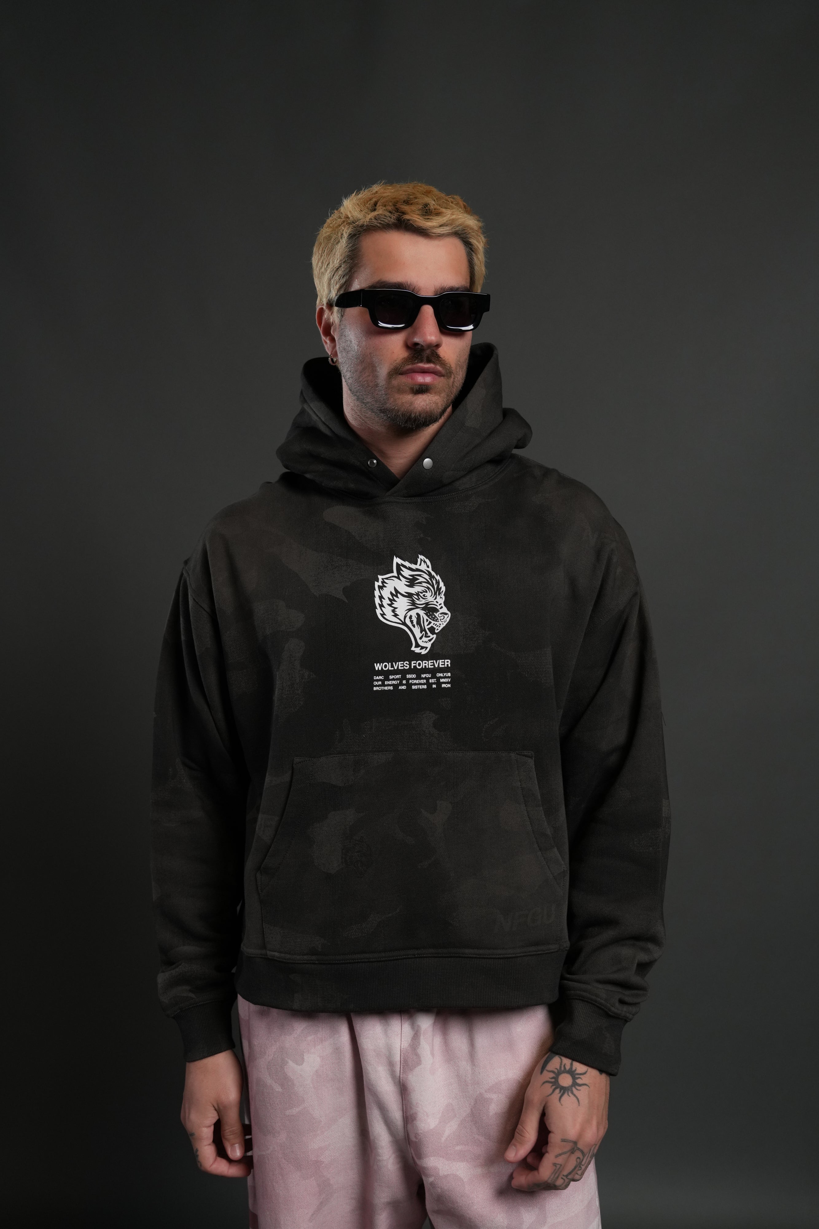 Wolves Have Your Back Unisex "Box Cut" Pierce Hoodie in Black Vintage Woodland Camo