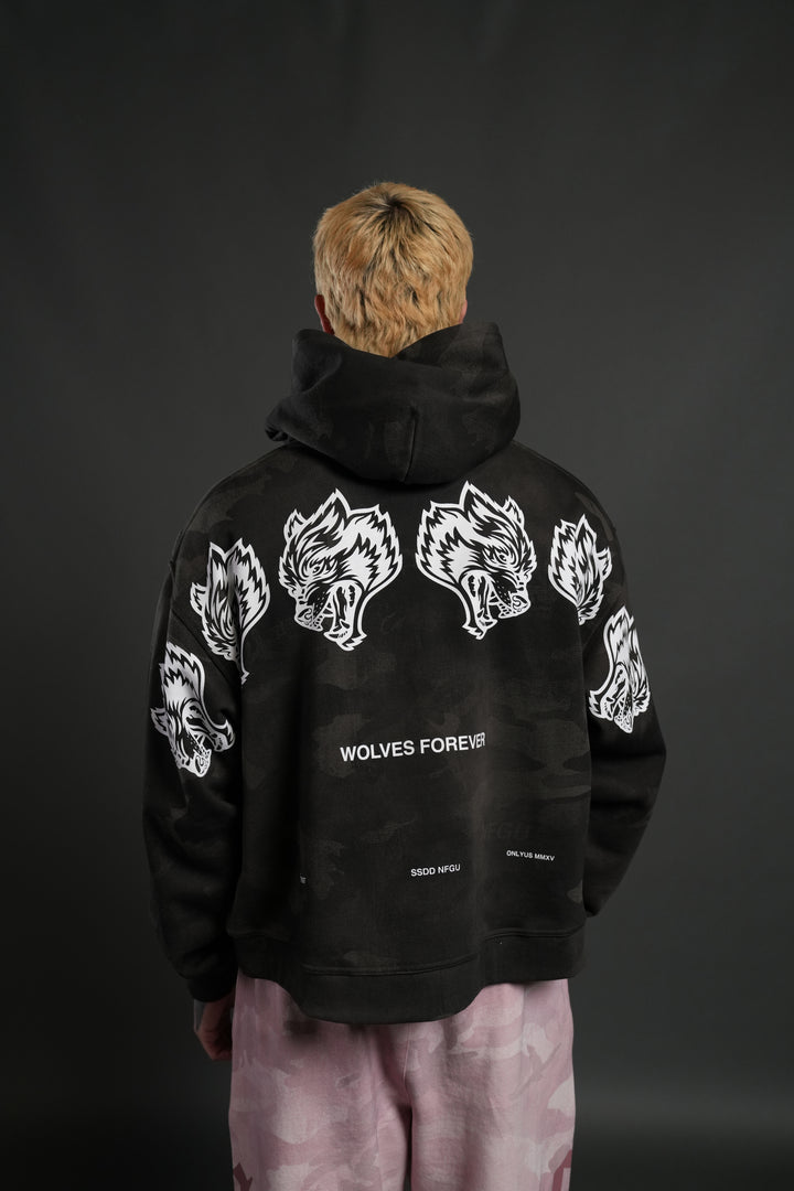 Wolves Have Your Back Unisex "Box Cut" Pierce Hoodie in Black Vintage Woodland Camo
