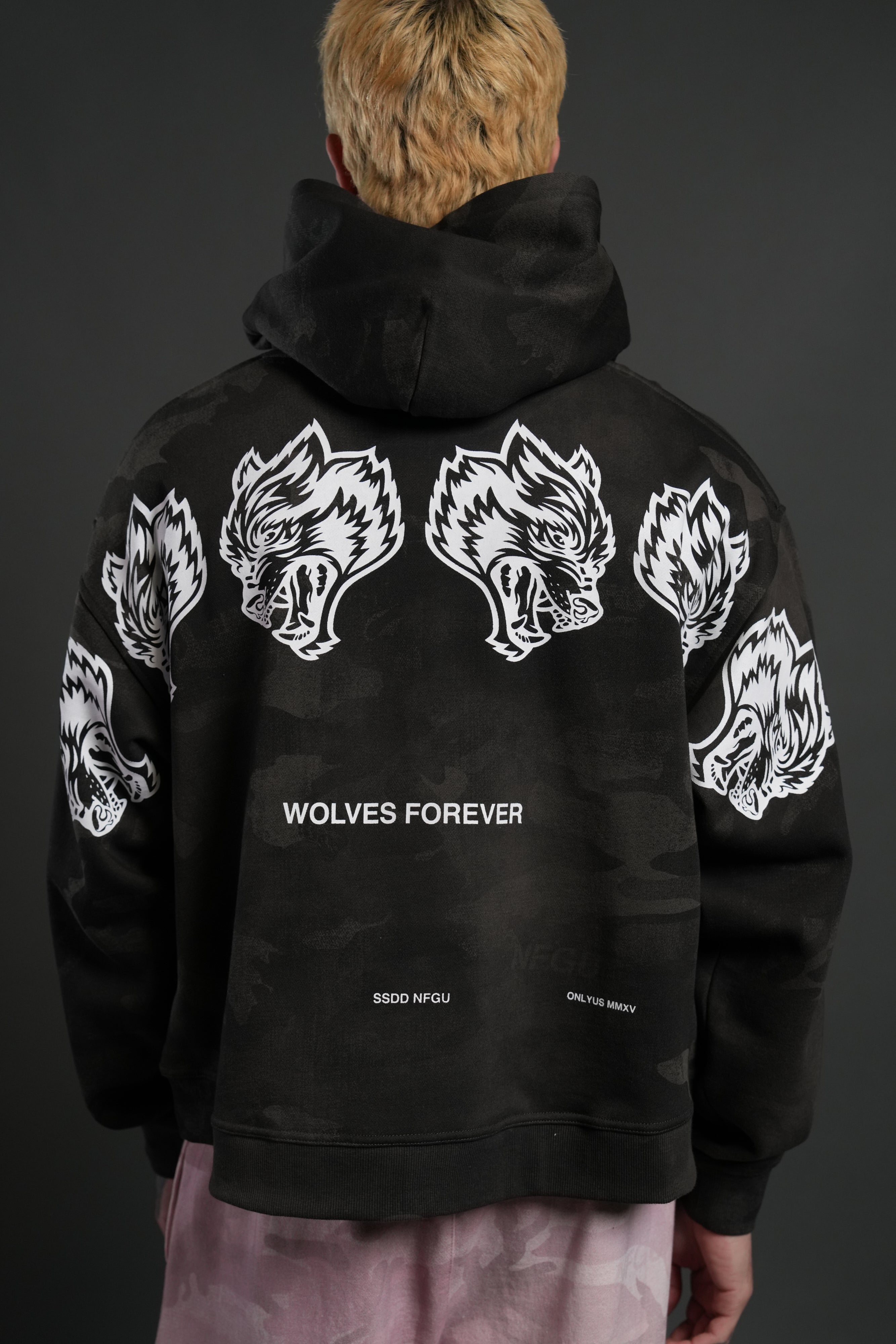 Wolves Have Your Back Unisex "Box Cut" Pierce Hoodie in Black Vintage Woodland Camo