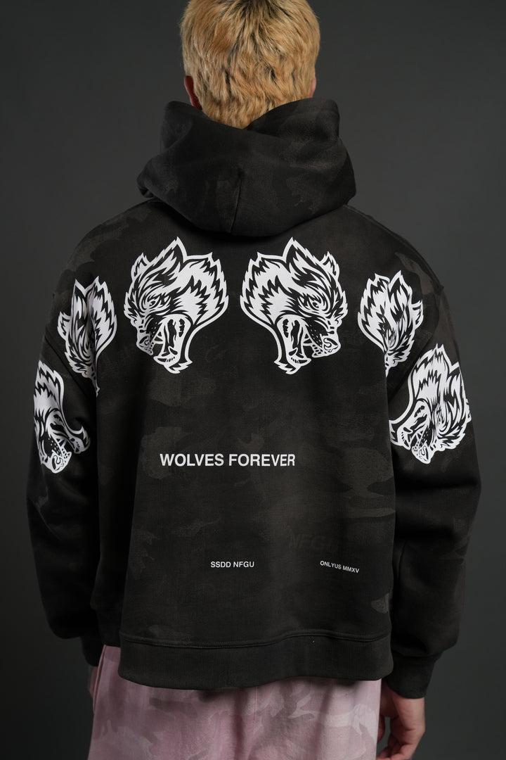 Wolves Have Your Back Unisex "Box Cut" Pierce Hoodie in Black Vintage Woodland Camo