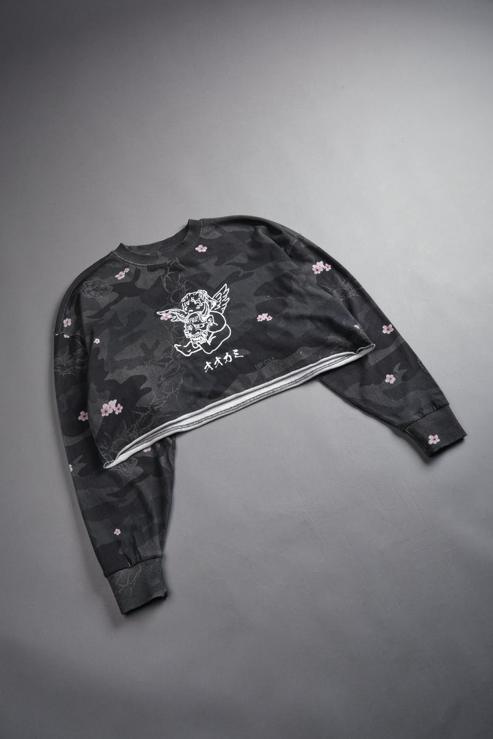 Oni Cherub Premium Oversized Cropped Ls Tee in Warrior In A Garden Black Camo