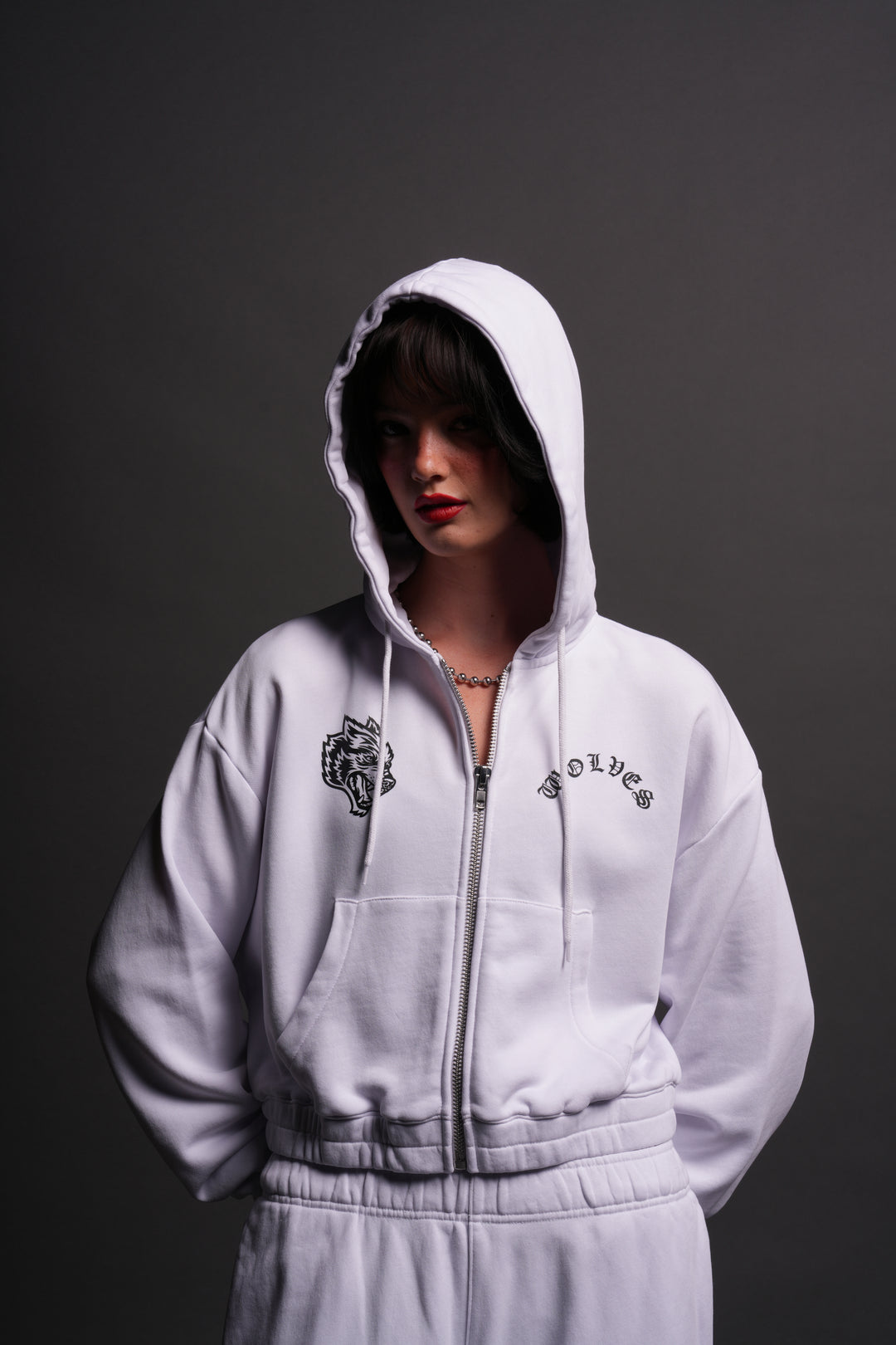 Chopper Wolf "Chambers" (Cropped) Zip Hoodie in White