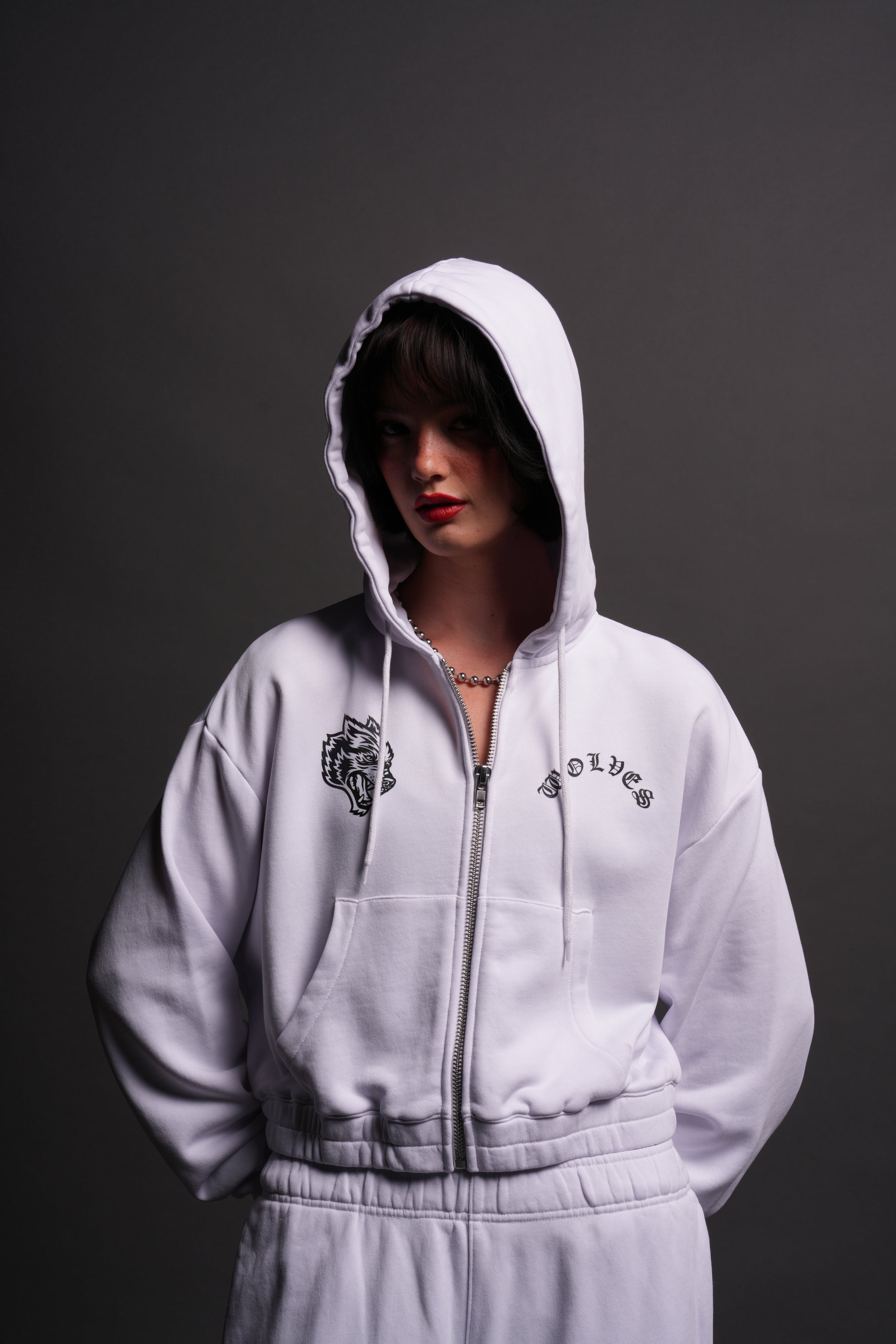 Chopper Wolf "Chambers" (Cropped) Zip Hoodie in White