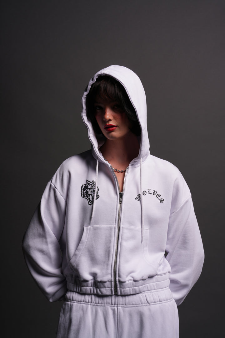 Chopper Wolf "Chambers" (Cropped) Zip Hoodie in White