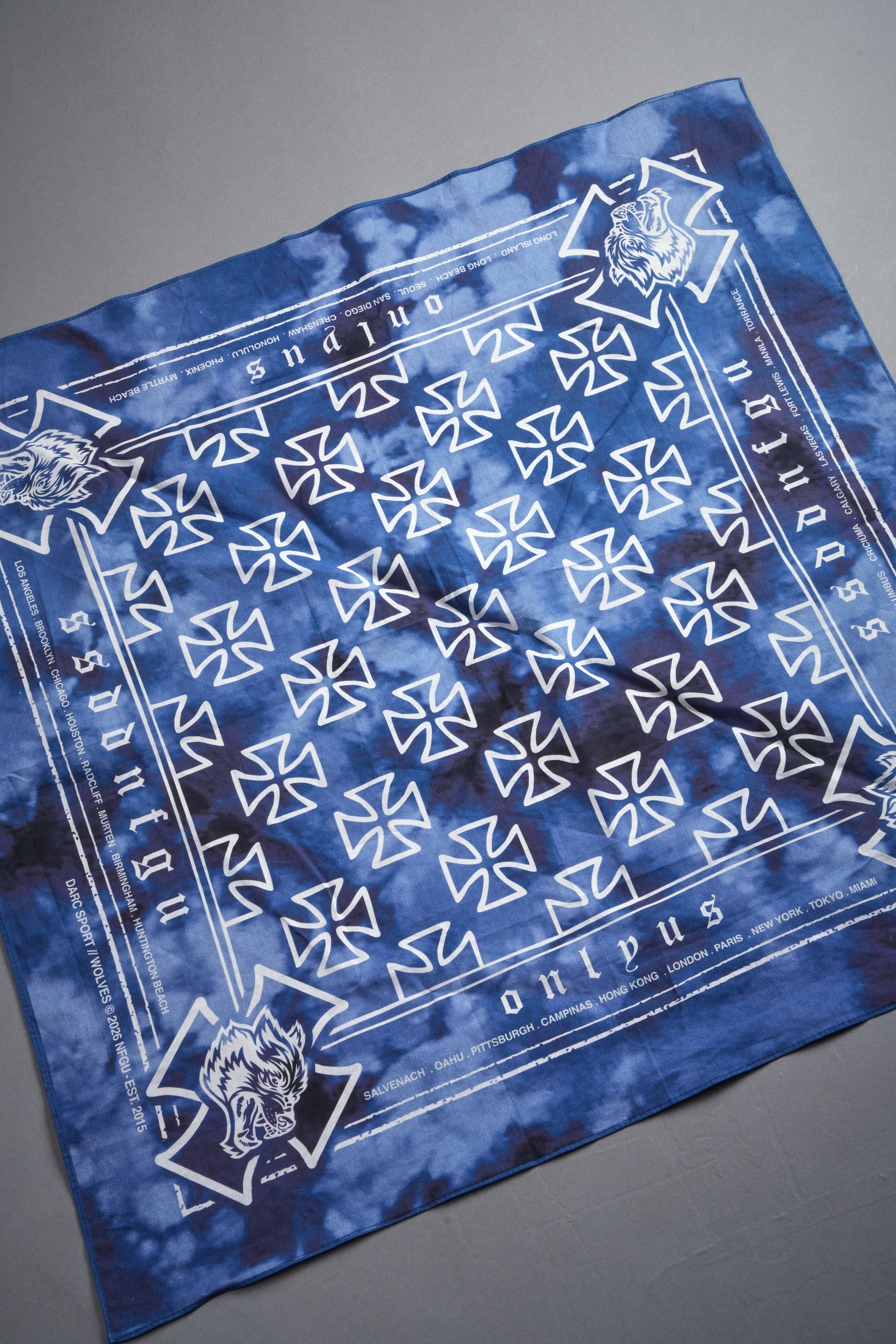 Wolf Iron Cross Bandana in Darc Blue Ghost Clouds
