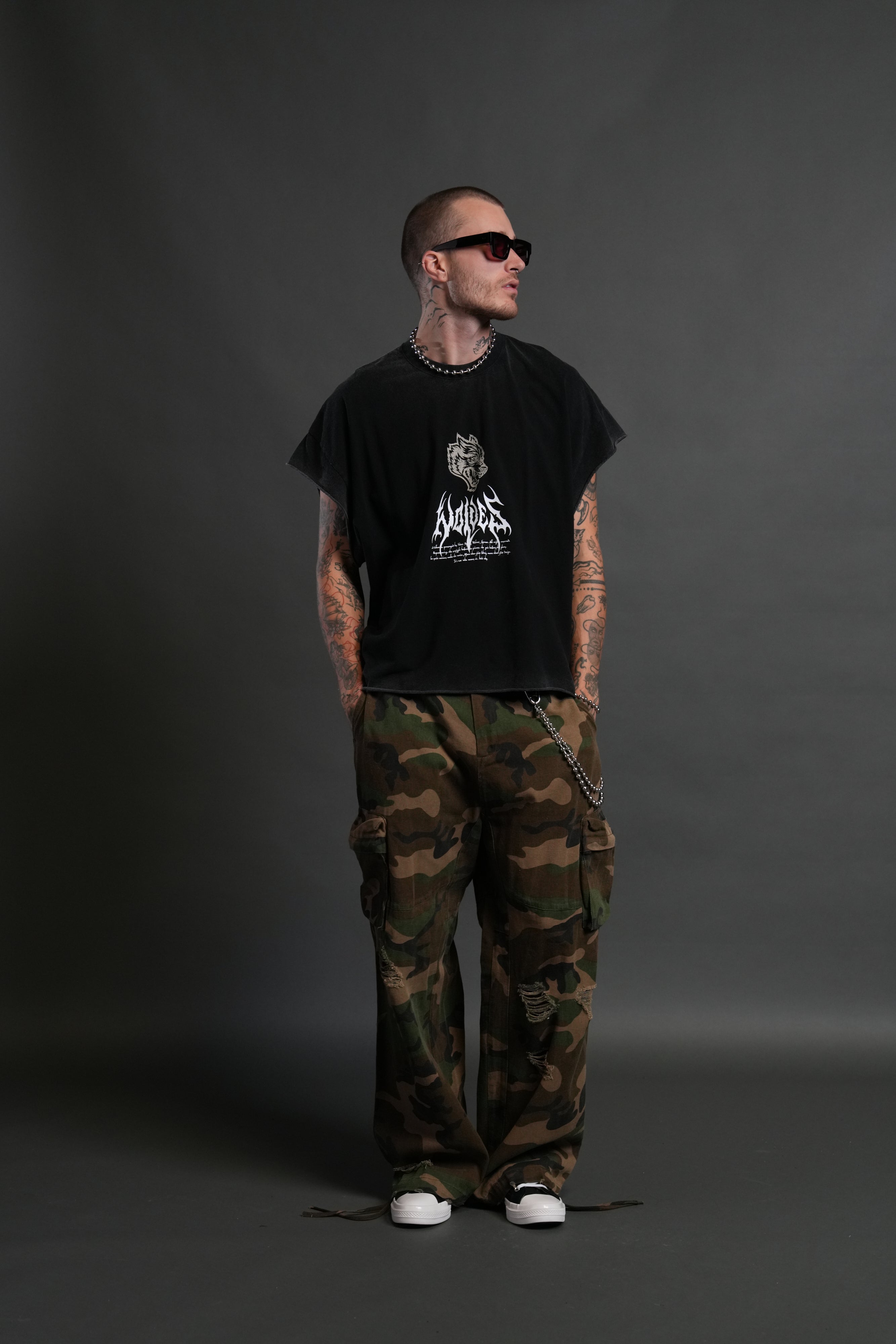 Shadow Shaman Grunge Cut-Off Tee in Black