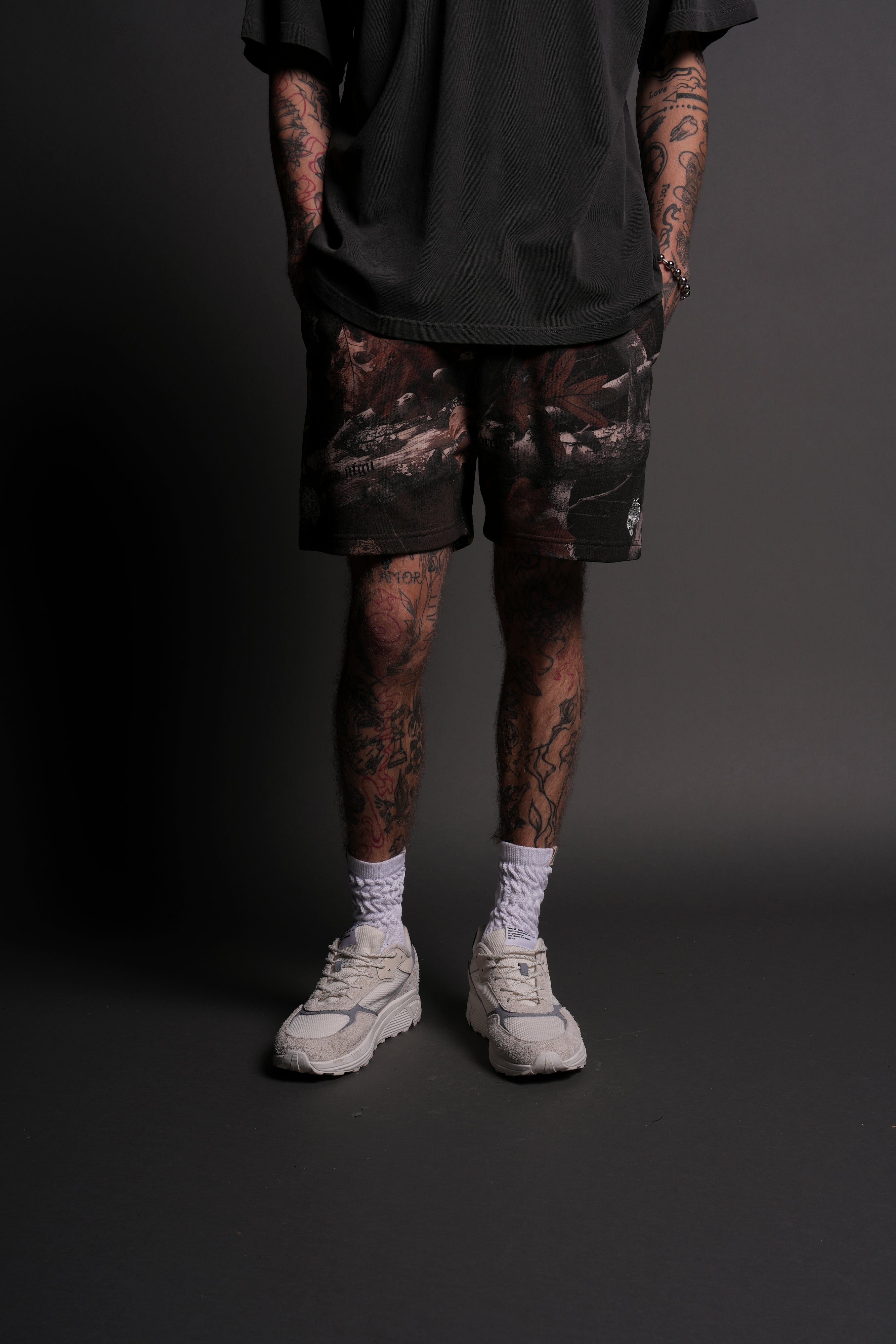 Dual Post Lounge Sweat Shorts in Darc Brown Woodland Camo