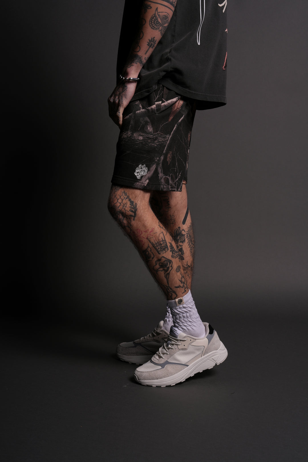 Dual Post Lounge Sweat Shorts in Darc Brown Woodland Camo