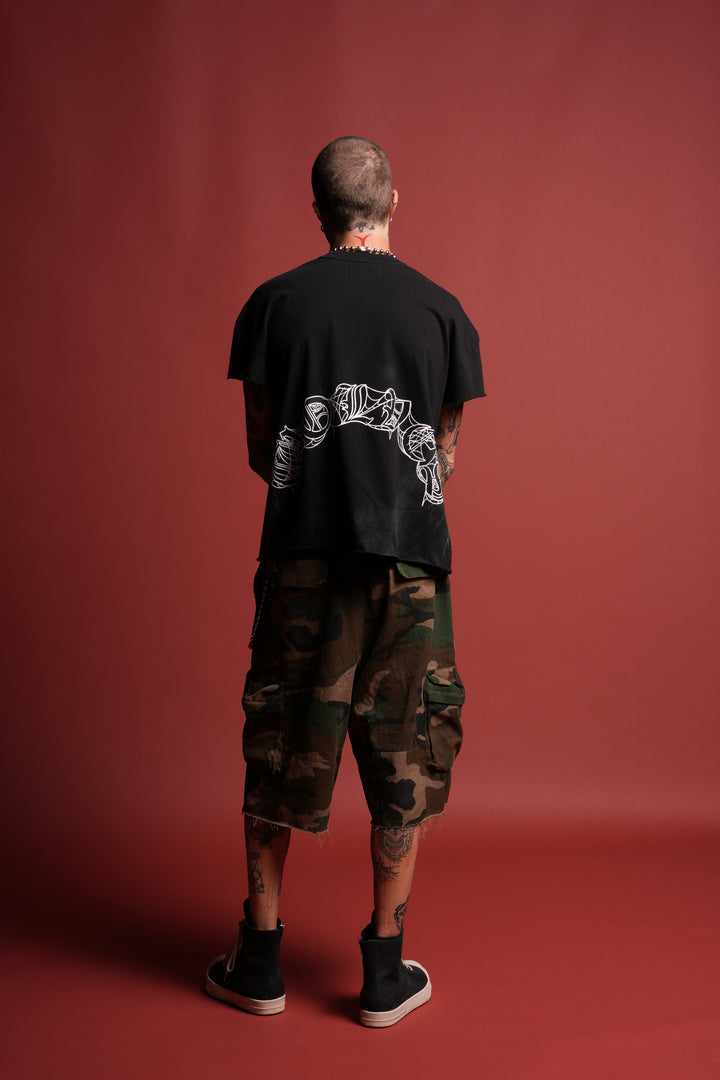 Web Of Darkness Grunge Mid Length Raw Hem Cap Sleeve Tee in Black