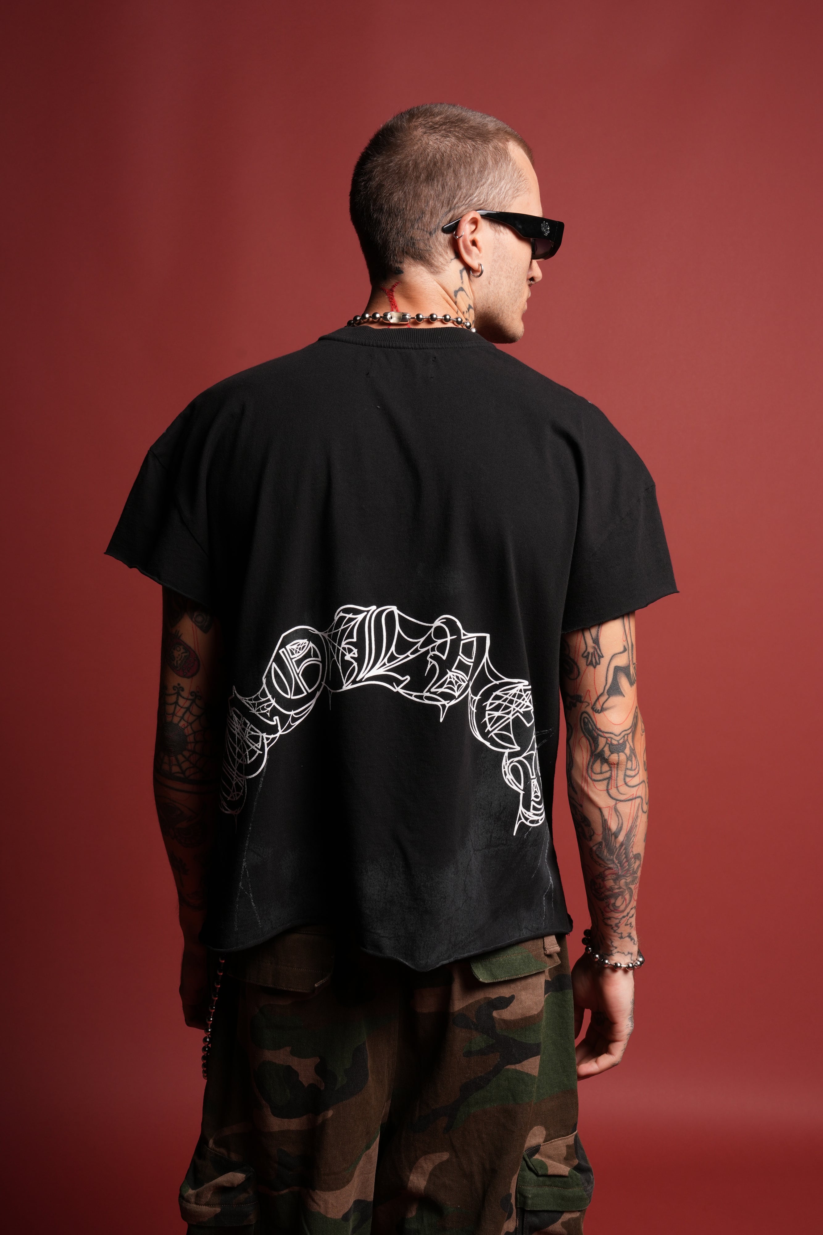 Web Of Darkness Grunge Mid Length Raw Hem Cap Sleeve Tee in Black