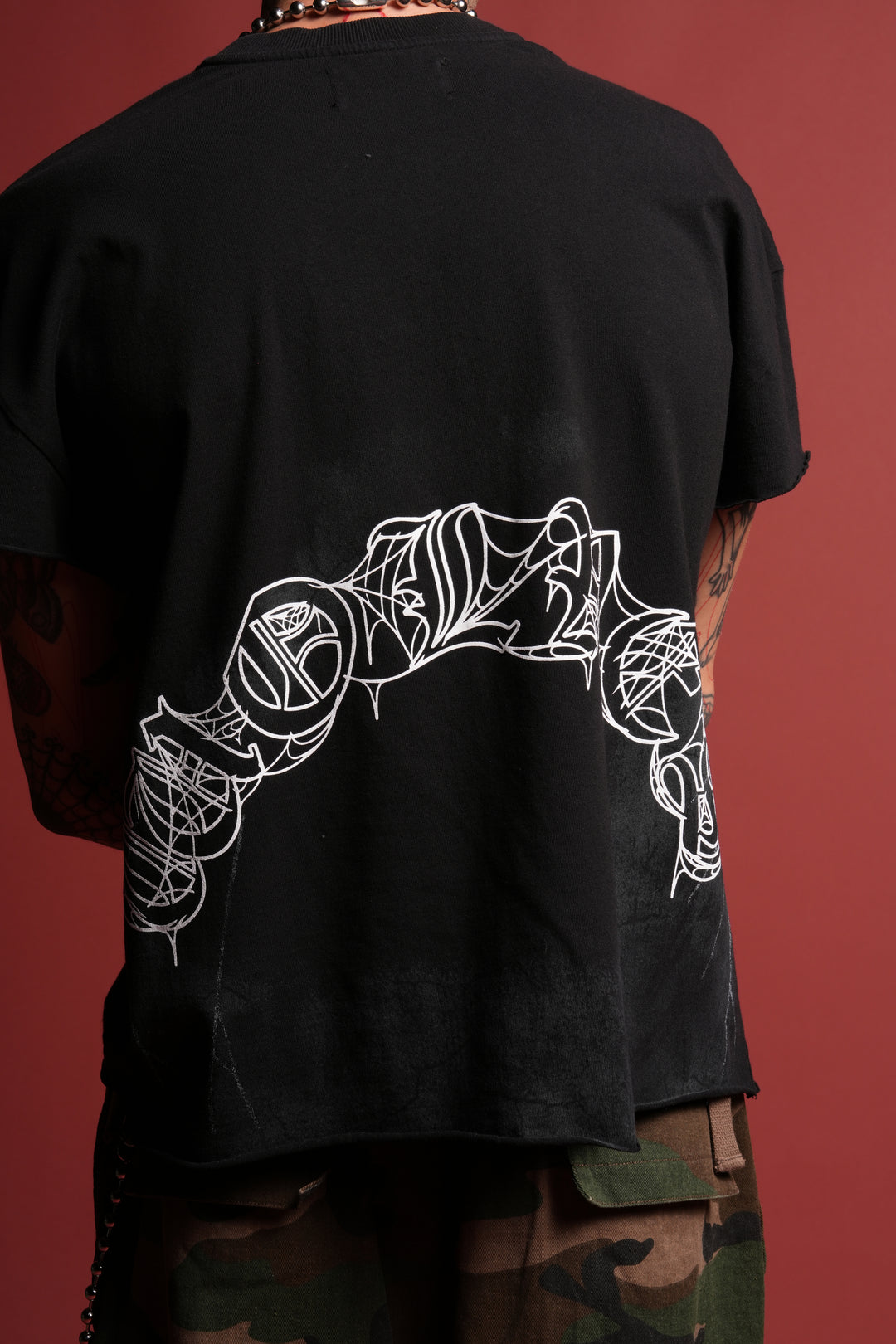Web Of Darkness Grunge Mid Length Raw Hem Cap Sleeve Tee in Black