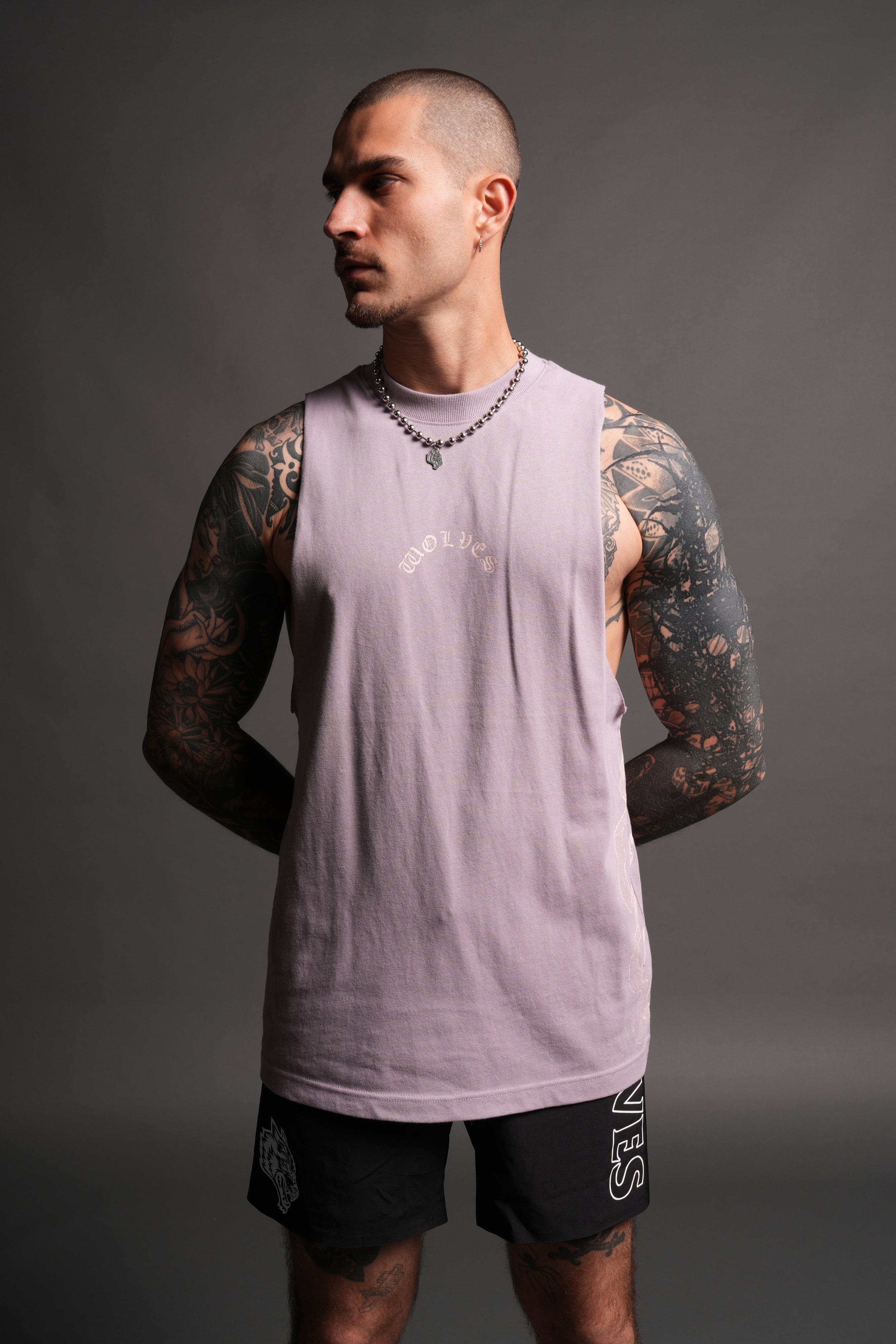 Wolves Never Back Down V2 Tommy Muscle Tee in Purple Smoke