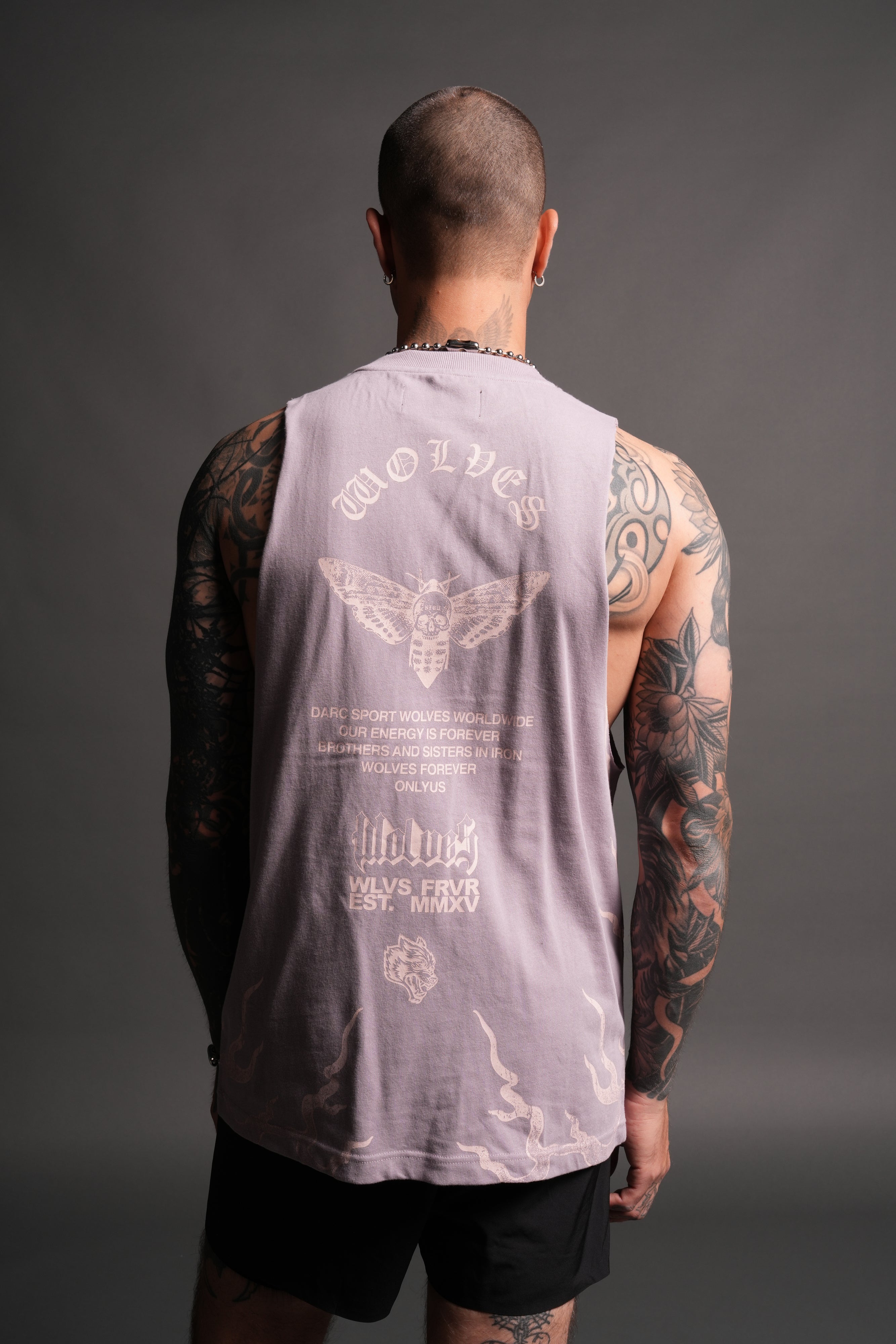 Wolves Never Back Down V2 Tommy Muscle Tee in Purple Smoke