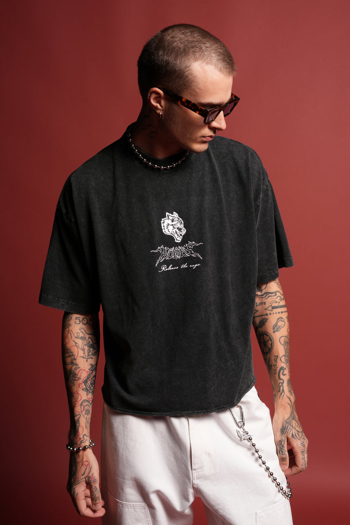 Release The Rage Grunge Raw Hem Box Cut Tee in Black