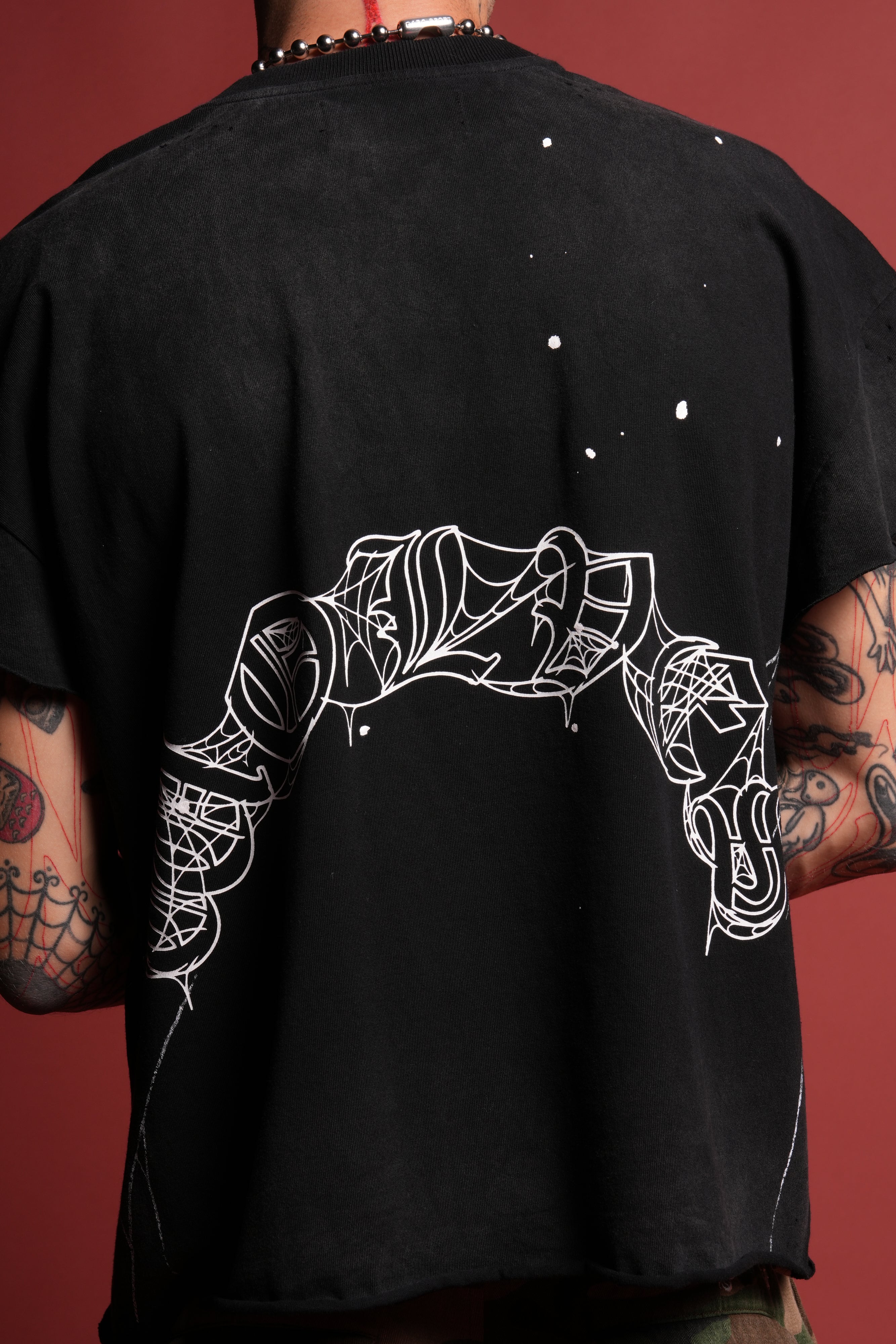 Web Chopper Distressed Grunge Mid Length Raw Hem Cap Sleeve Tee in