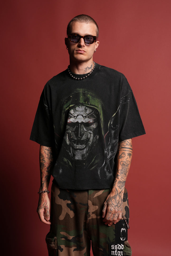 Doom Defiant Grunge Raw Hem Box Cut Tee in Black