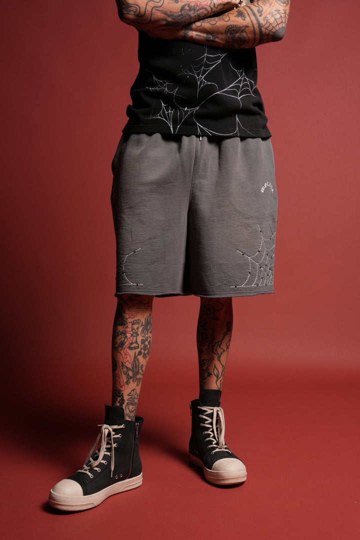 Sashiko Webs Grunge Brock Sweat Short in Slate Gray Sun Fade