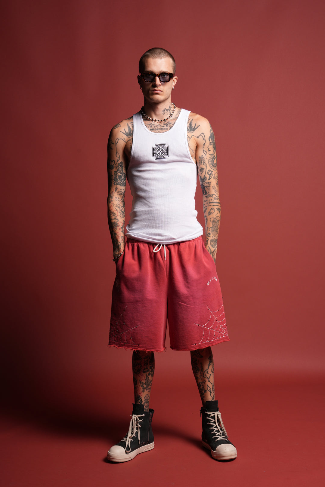 Sashiko Webs Grunge Brock Sweat Short in Roman Red Sun Fade