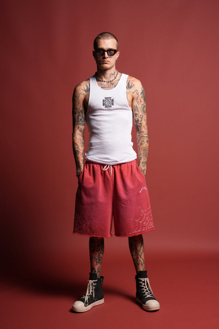 Sashiko Webs Grunge Brock Sweat Short in Roman Red Sun Fade