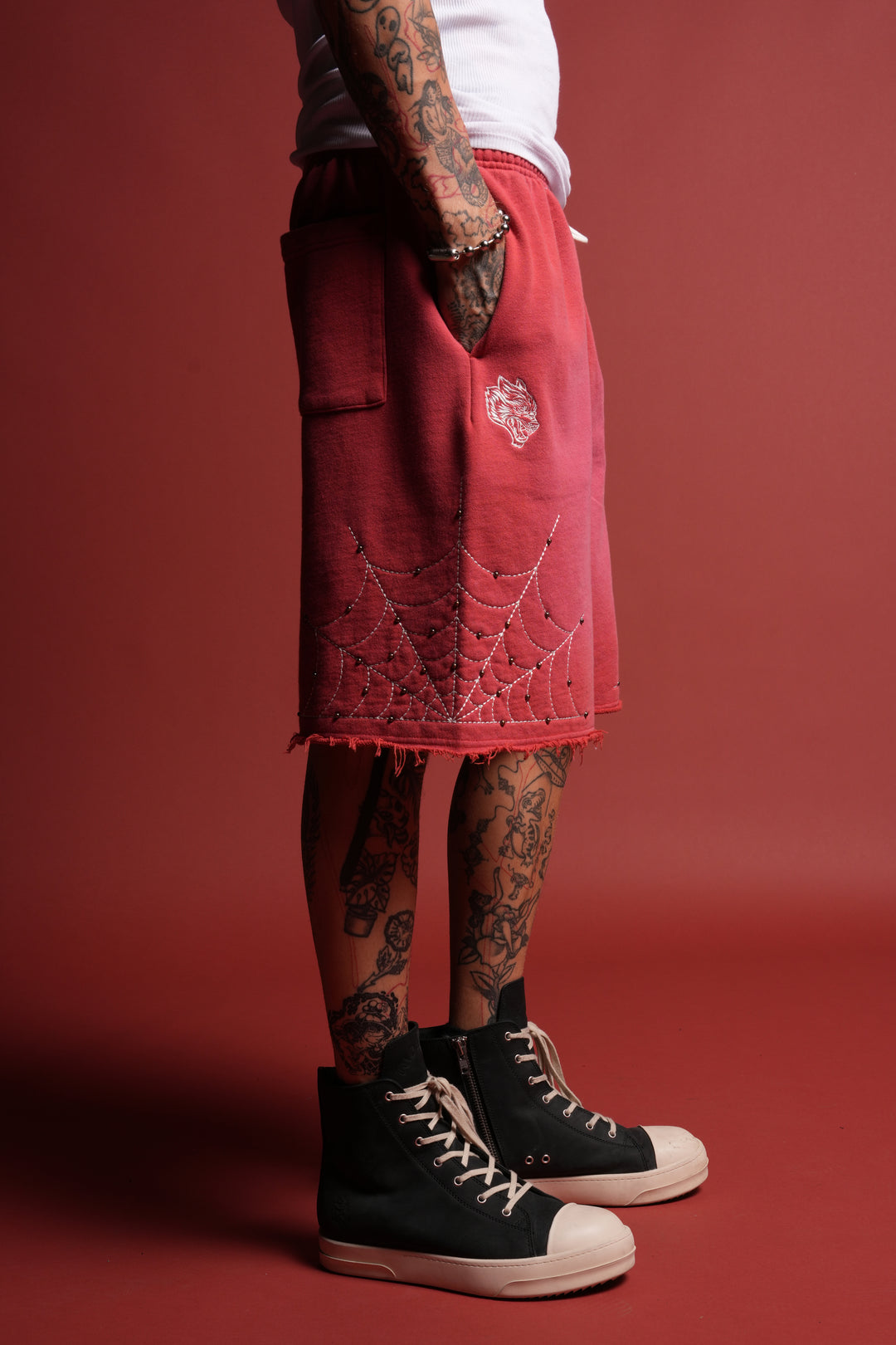Sashiko Webs Grunge Brock Sweat Short in Roman Red Sun Fade