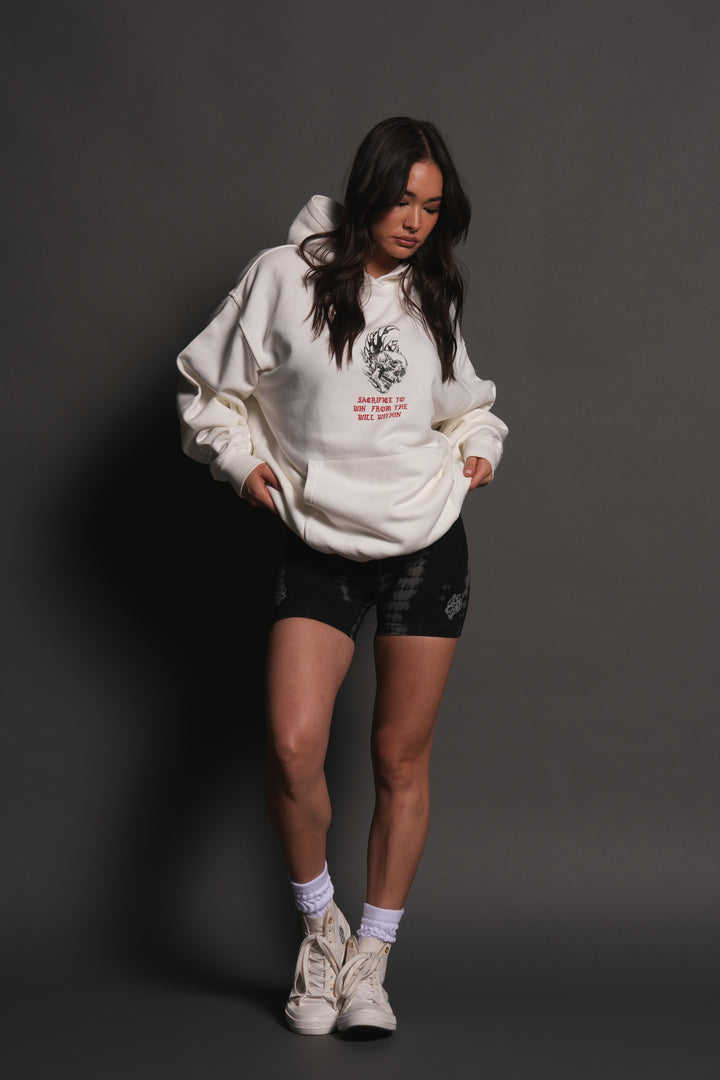 Flame Skull Pierce Hoodie in Cream