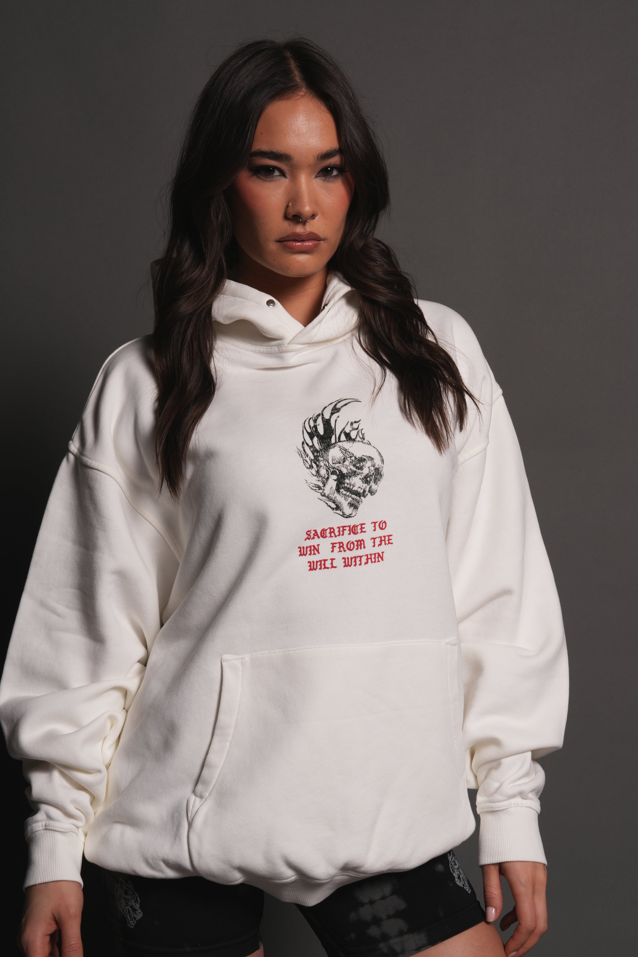 Flame Skull Pierce Hoodie in Cream