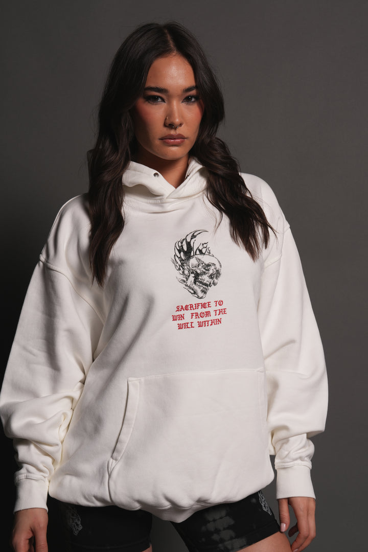 Flame Skull Pierce Hoodie in Cream