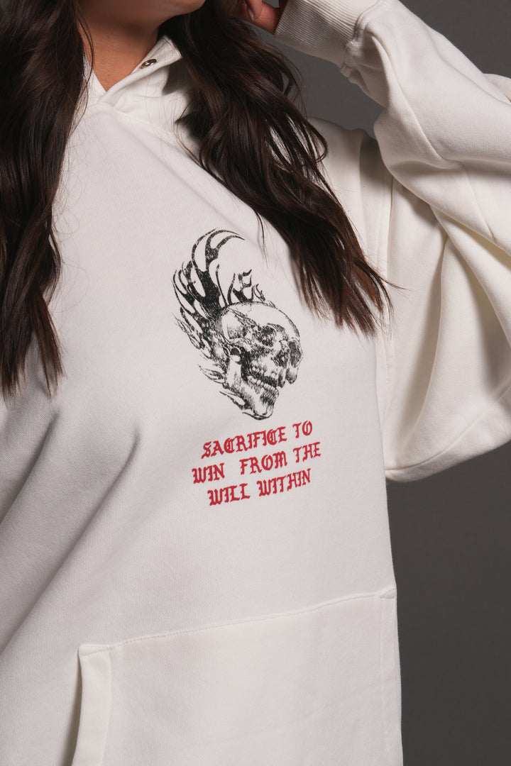 Flame Skull Pierce Hoodie in Cream
