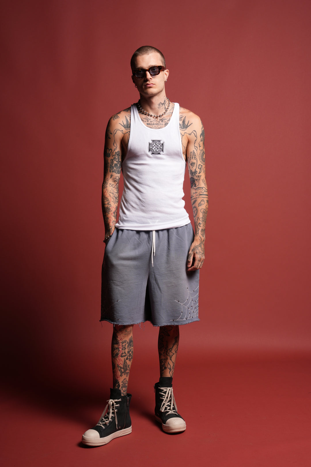 Sashiko Webs Grunge Brock Sweat Short in Norse Blue Sun Fade