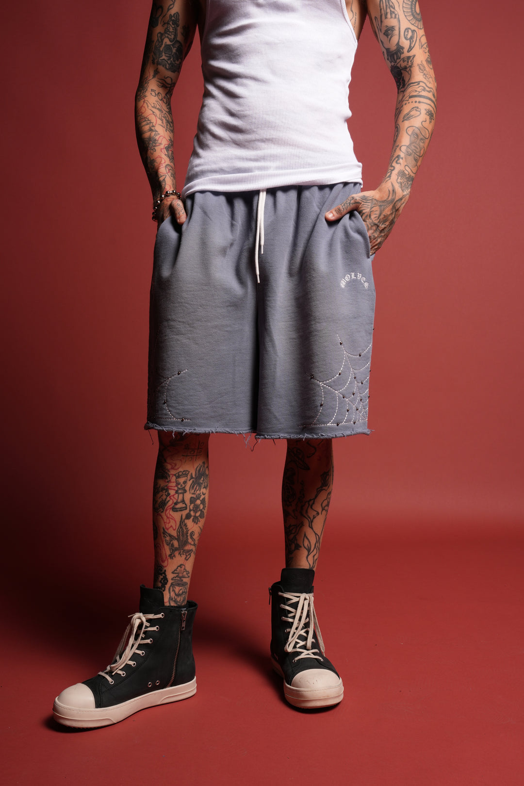 Sashiko Webs Grunge Brock Sweat Short in Norse Blue Sun Fade