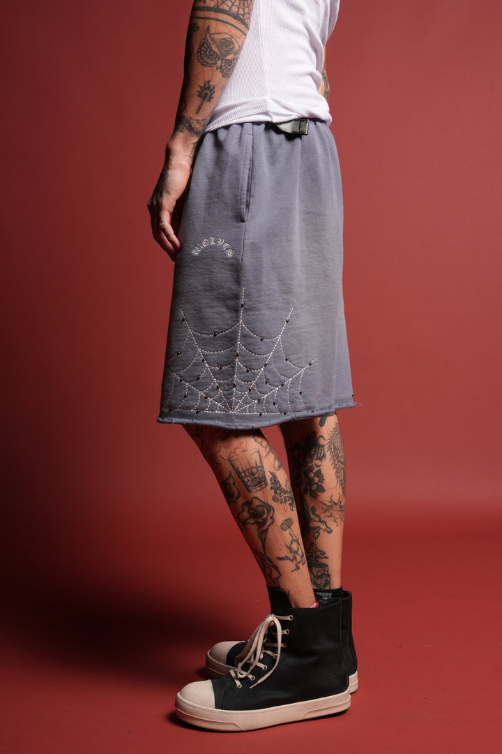 Sashiko Webs Grunge Brock Sweat Short in Norse Blue Sun Fade