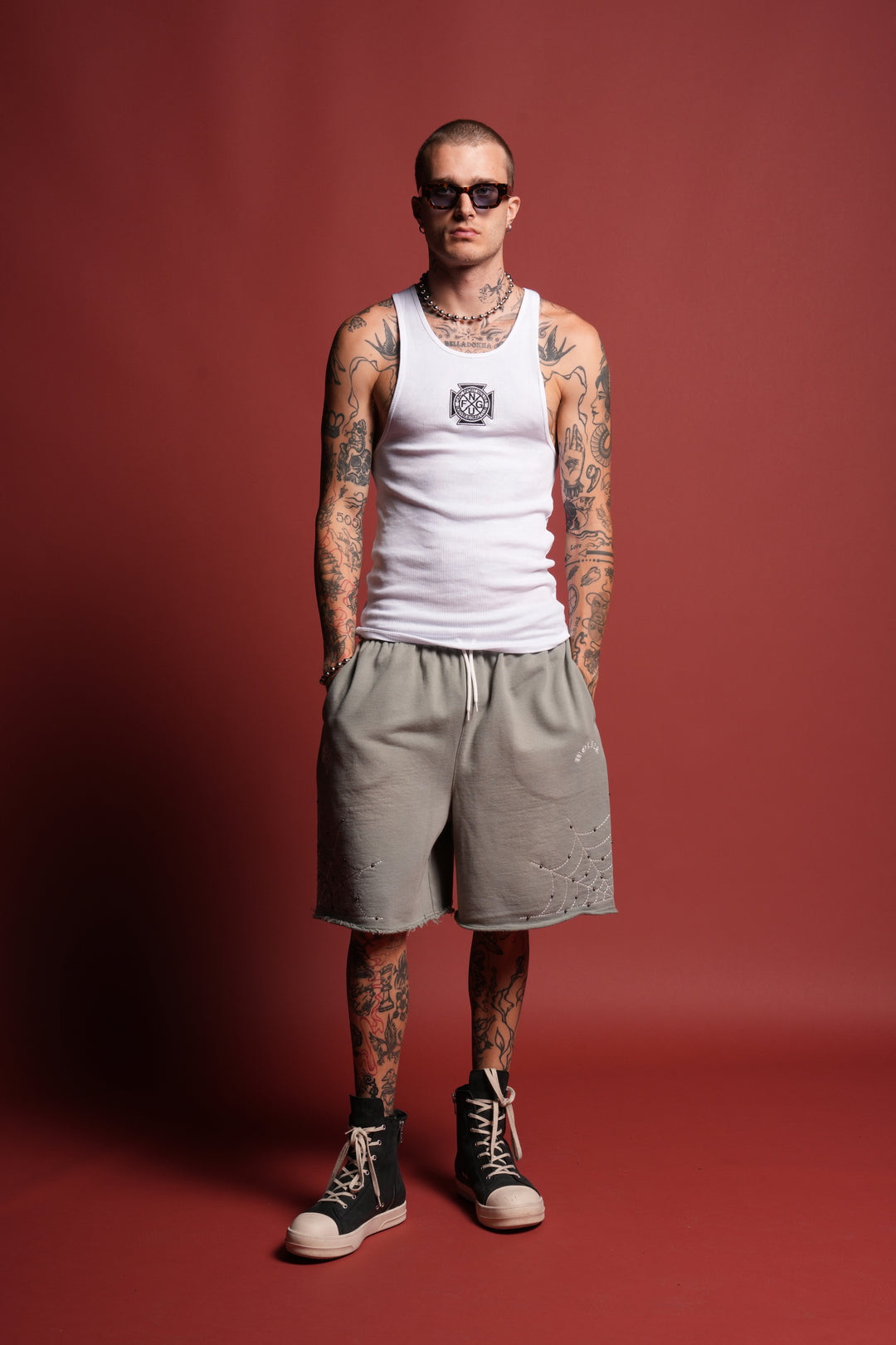 Sashiko Webs Grunge Brock Sweat Short in Owen Green Sun Fade