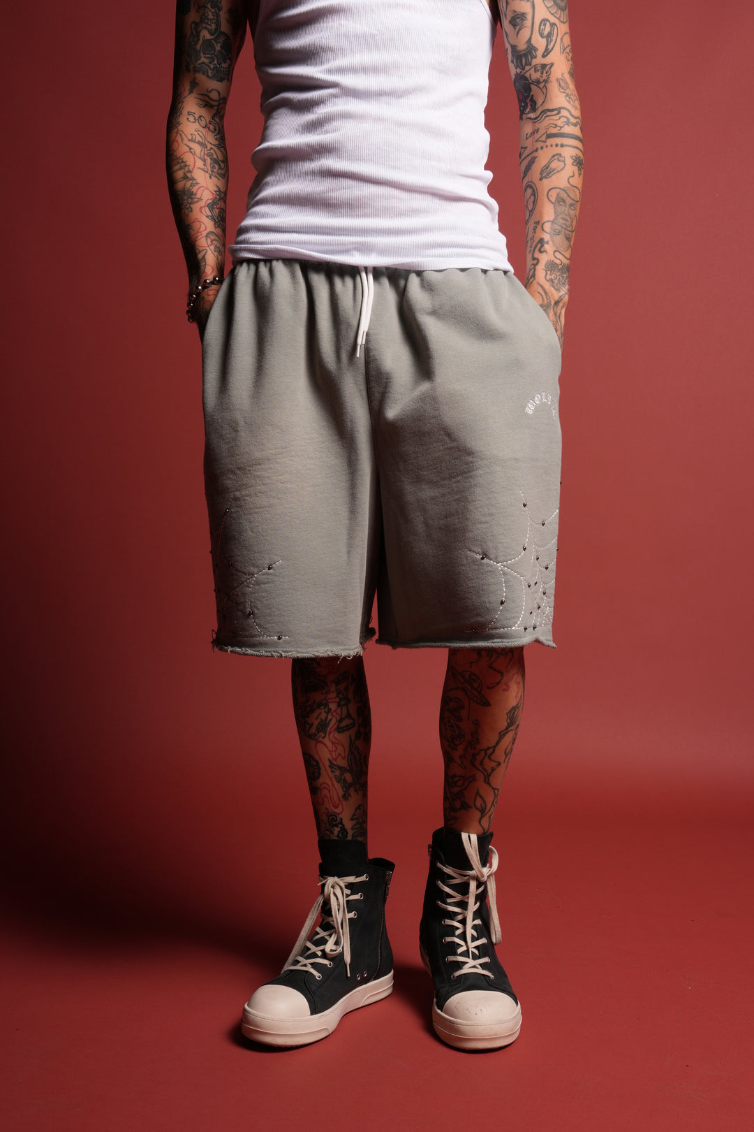 Sashiko Webs Grunge Brock Sweat Short in Owen Green Sun Fade