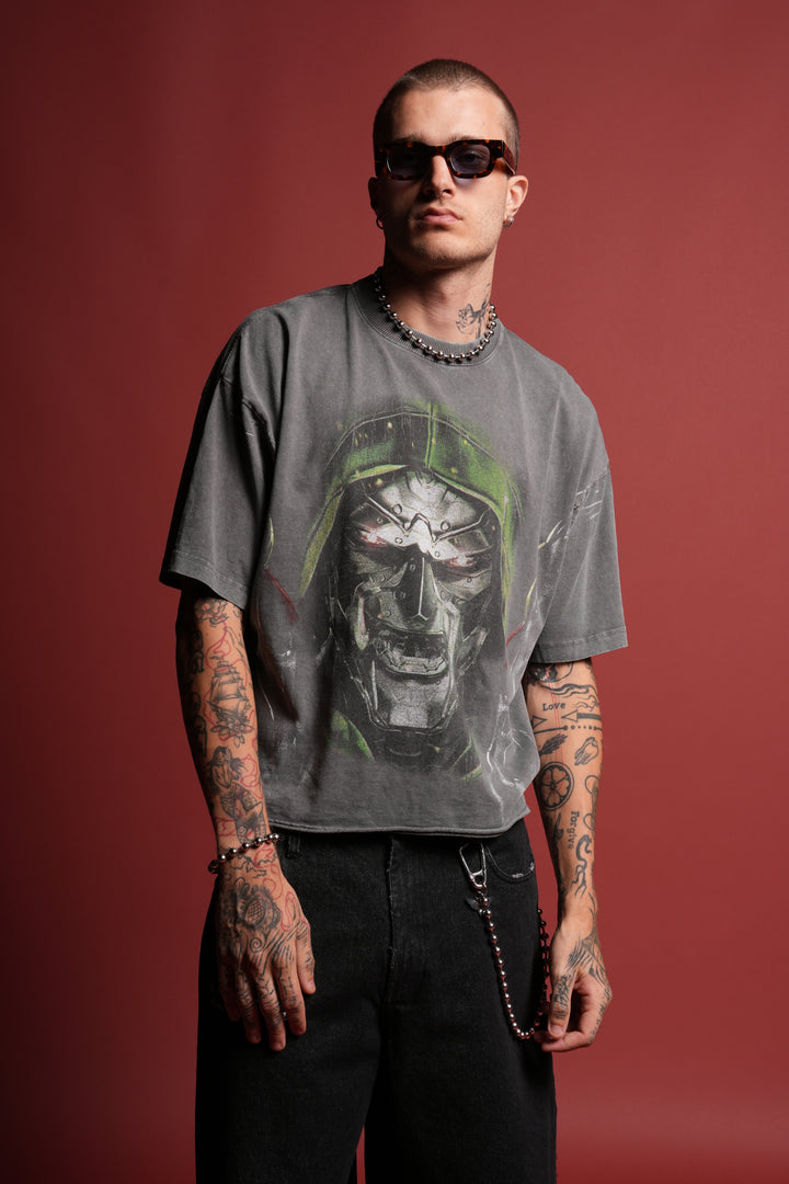 Doom Defiant Grunge Raw Hem Box Cut Tee in Wolf Gray
