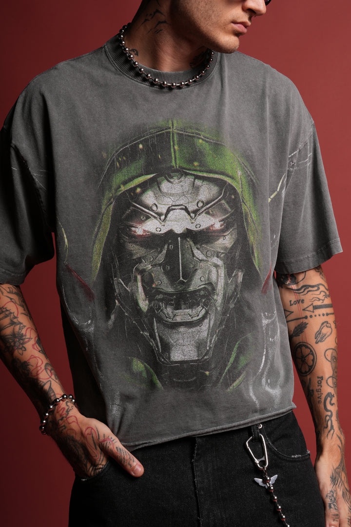 Doom Defiant Grunge Raw Hem Box Cut Tee in Wolf Gray
