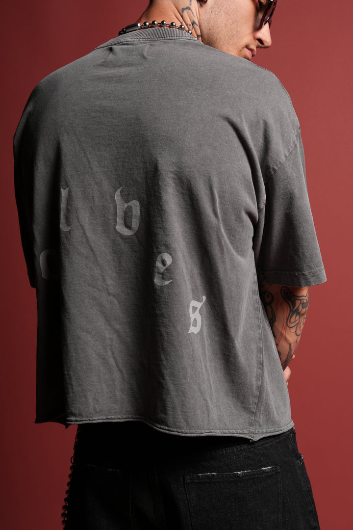 Doom Defiant Grunge Raw Hem Box Cut Tee in Wolf Gray