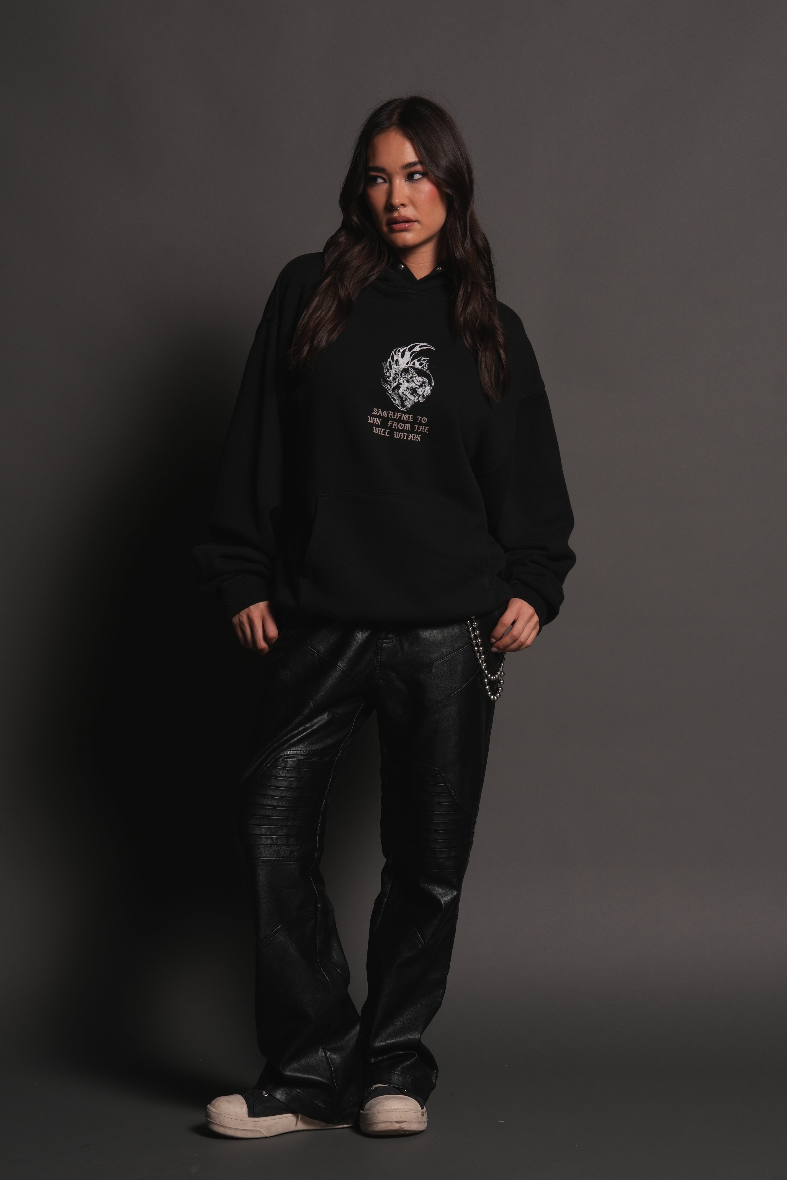 Flame Skull Pierce Hoodie in Black