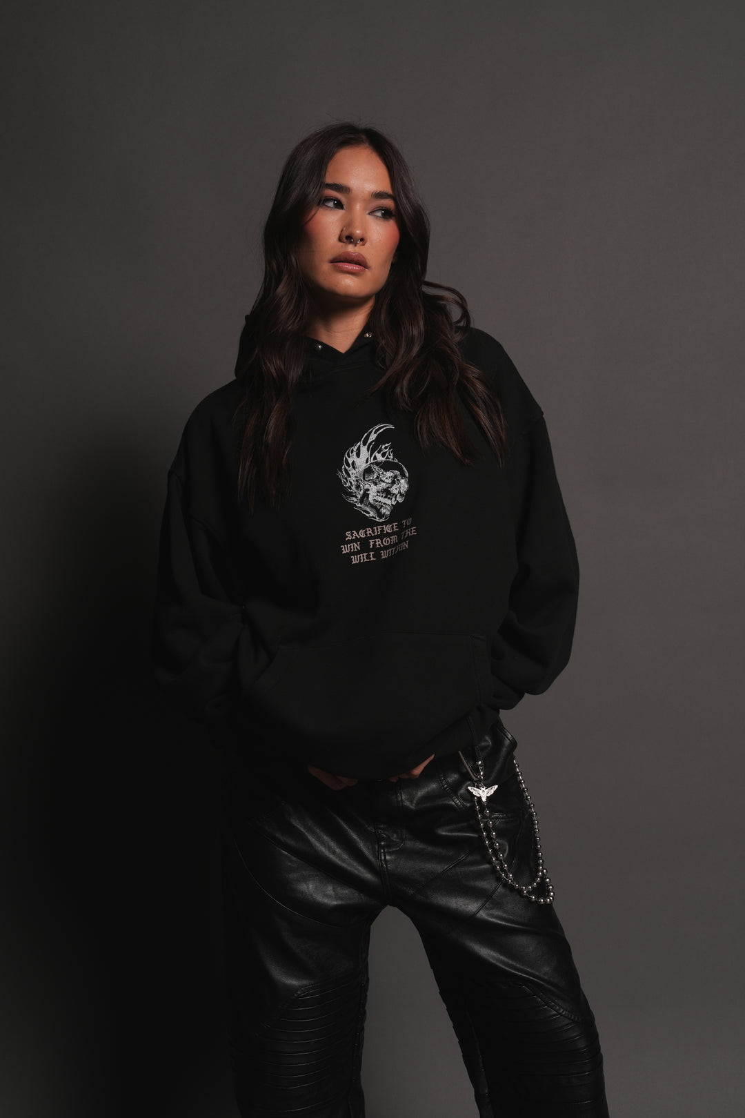 Flame Skull Pierce Hoodie in Black