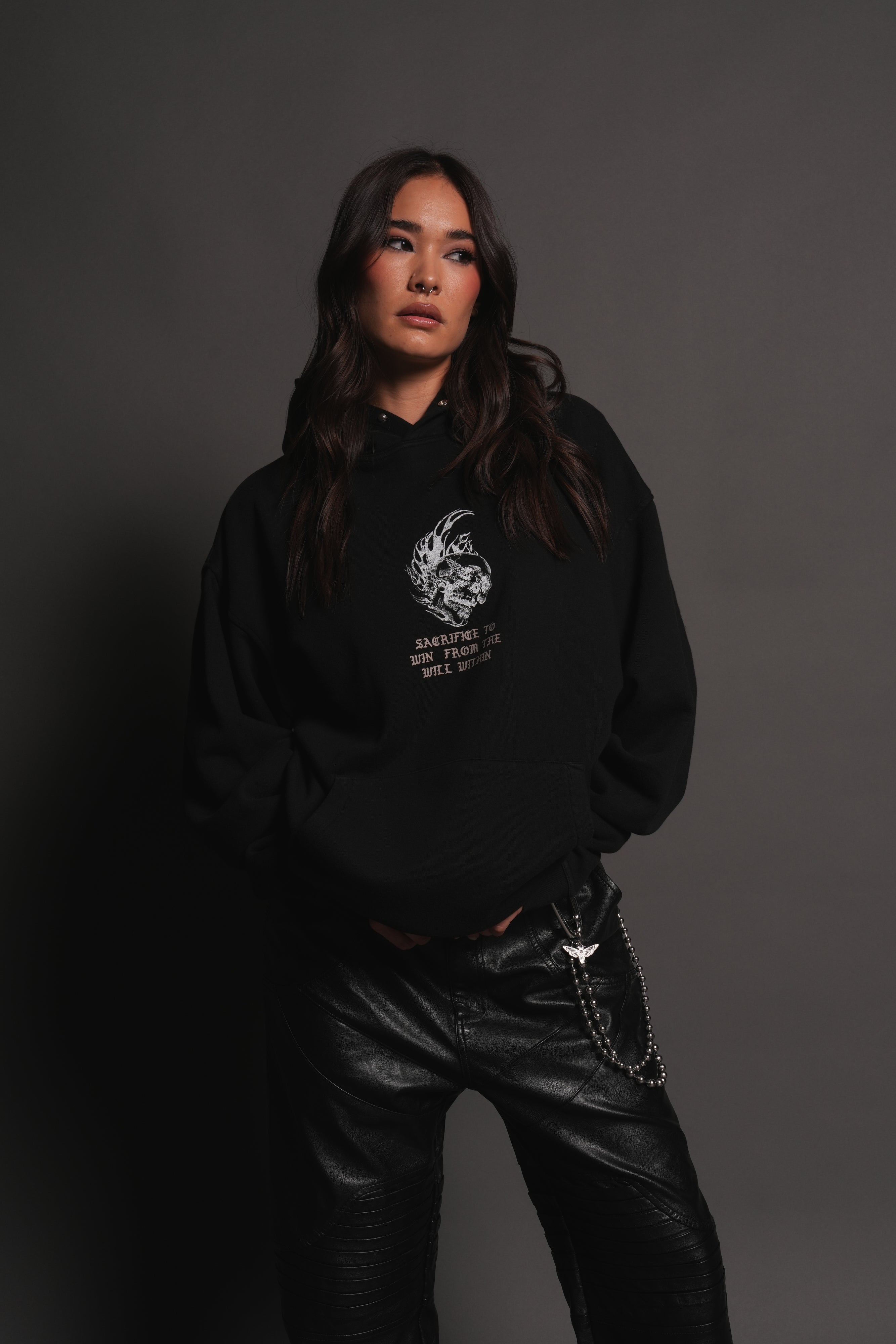 Flame Skull Pierce Hoodie in Black