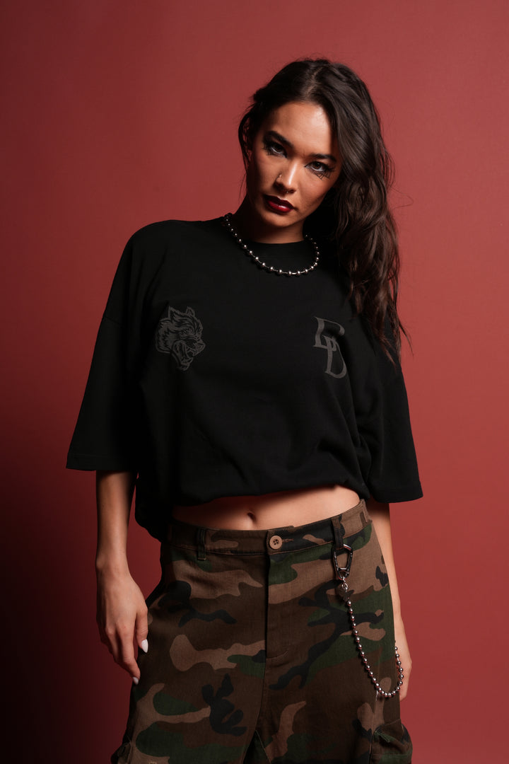 Devil In The Flames Side-By-Side Series Premium Oversized Tee in Black