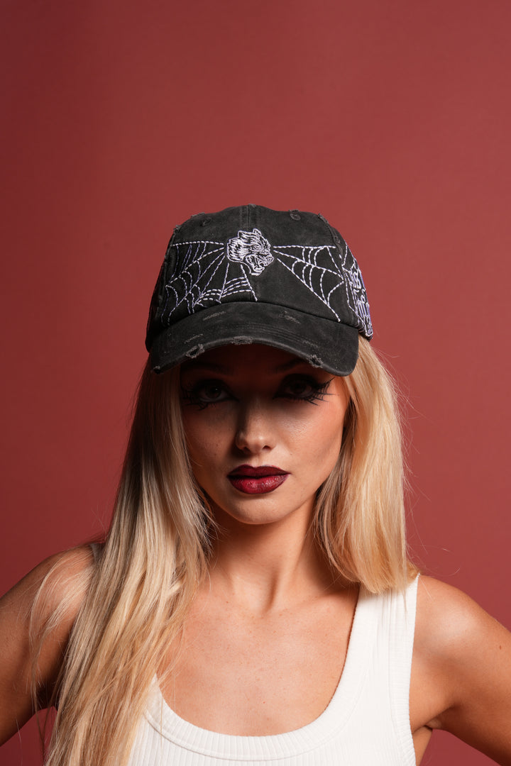 Webbed Distressed Dad Hat in Black