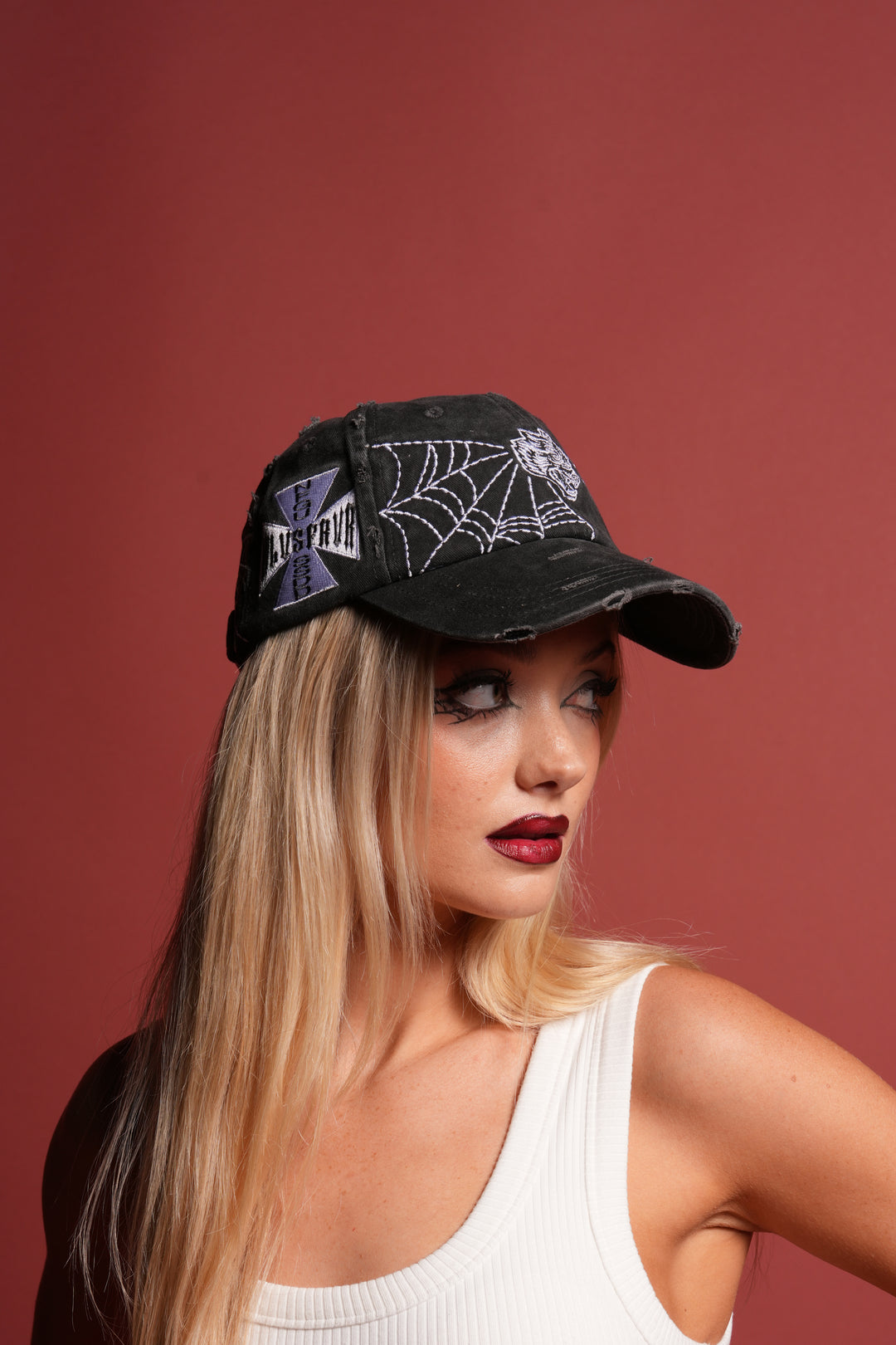 Webbed Distressed Dad Hat in Black