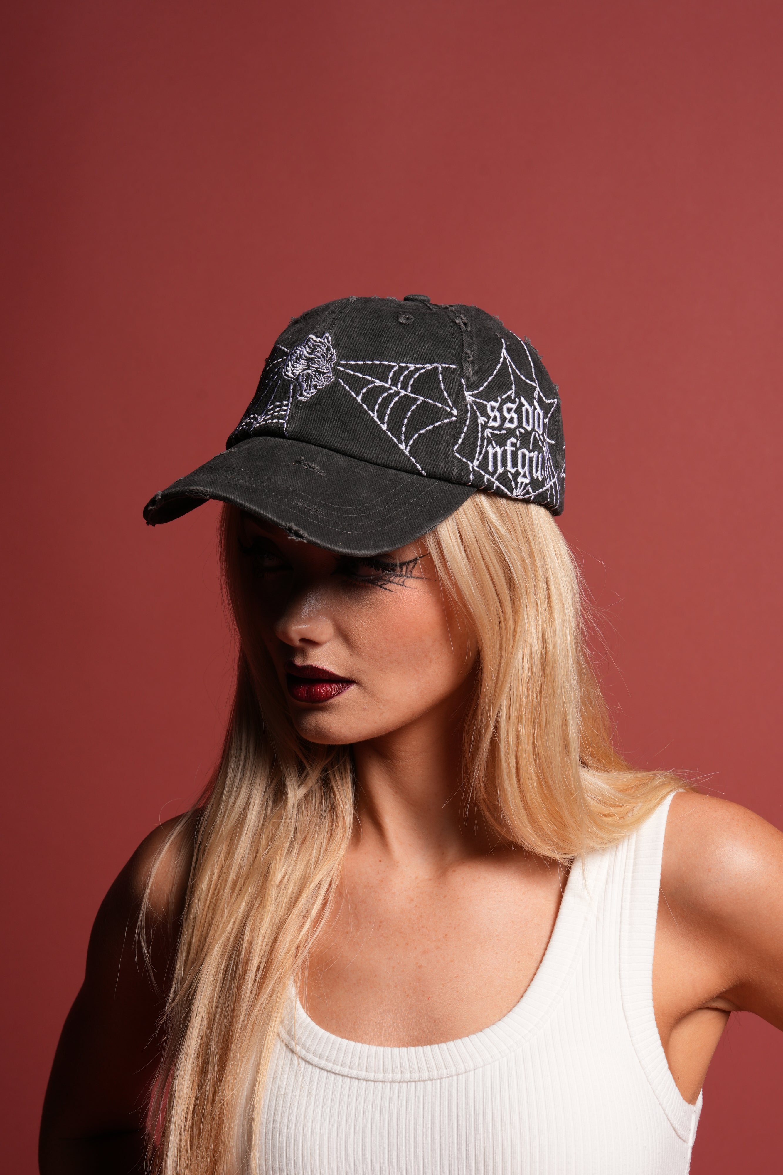 Webbed Distressed Dad Hat in Black